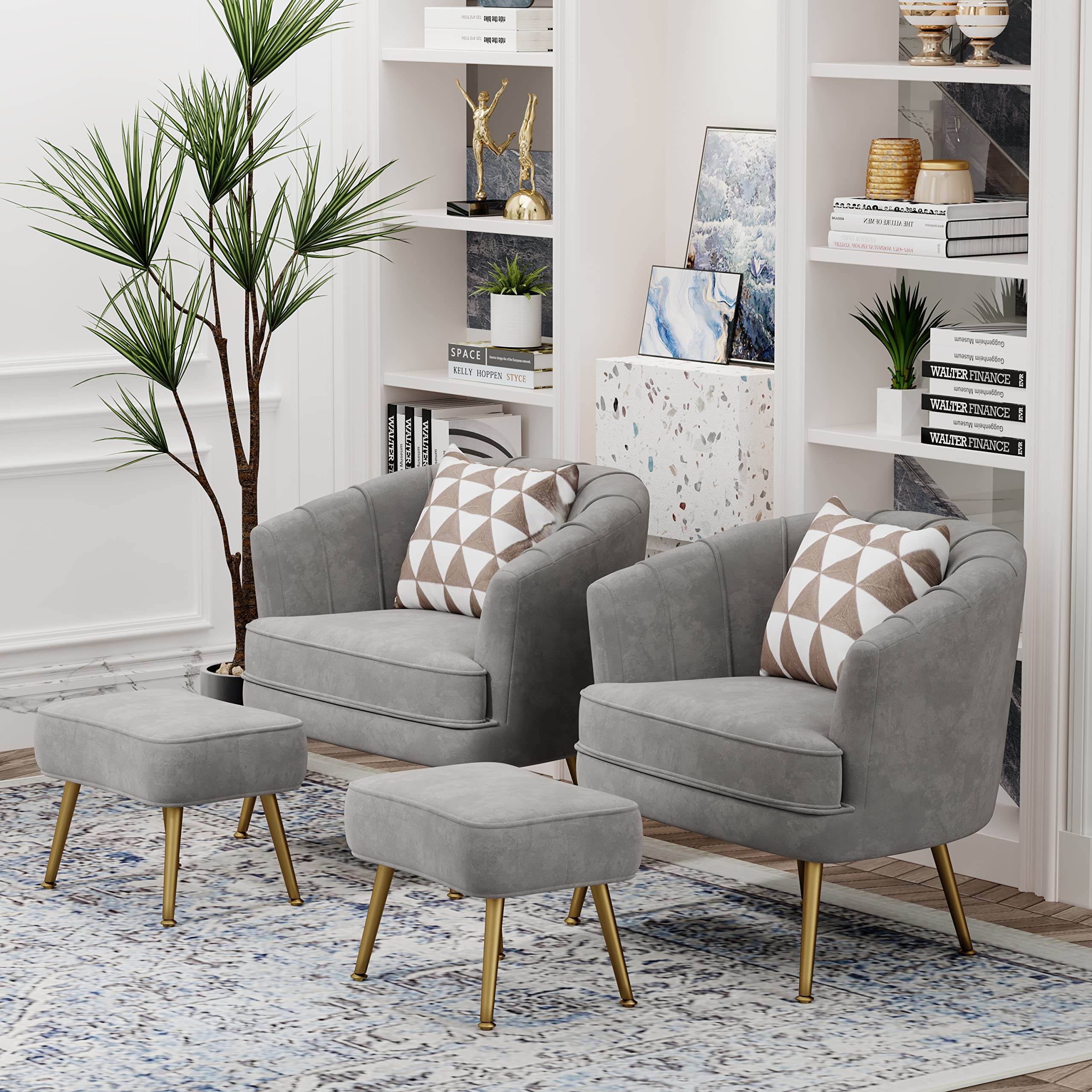 Velvet Accent Chair with Ottoman, Upholstered Modern Single Sofa Side Chair,Comfy Barrel Club Living Room Armchair with Golden Metal Legs for Bedroom Office Living Reading Room , Grey