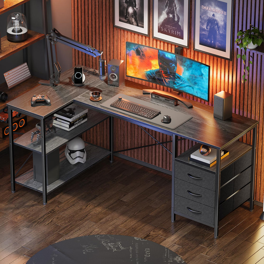 L Shaped Office Desk with Power Outlets, 55 Inch Computer Desk with 3 Drawers, Shelves, Reverisble for Gaming Corner Work Home Office Study, Grey