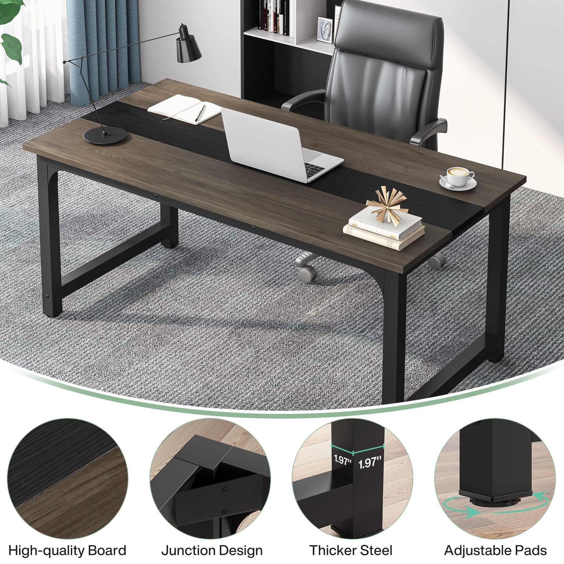 63” Executive Desk, Large Office Computer Desk with Thicken Frame, Modern Simple Workstation Business Furniture for Home Office, Vintage Grey/Black