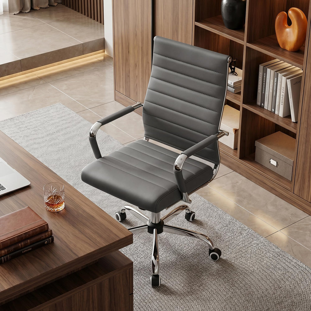 Grey Office Desk Chair, Ergonomic Leather Modern Conference Room Chairs, Executive Ribbed Adjustable Swivel Rolling Chair for Home Office.