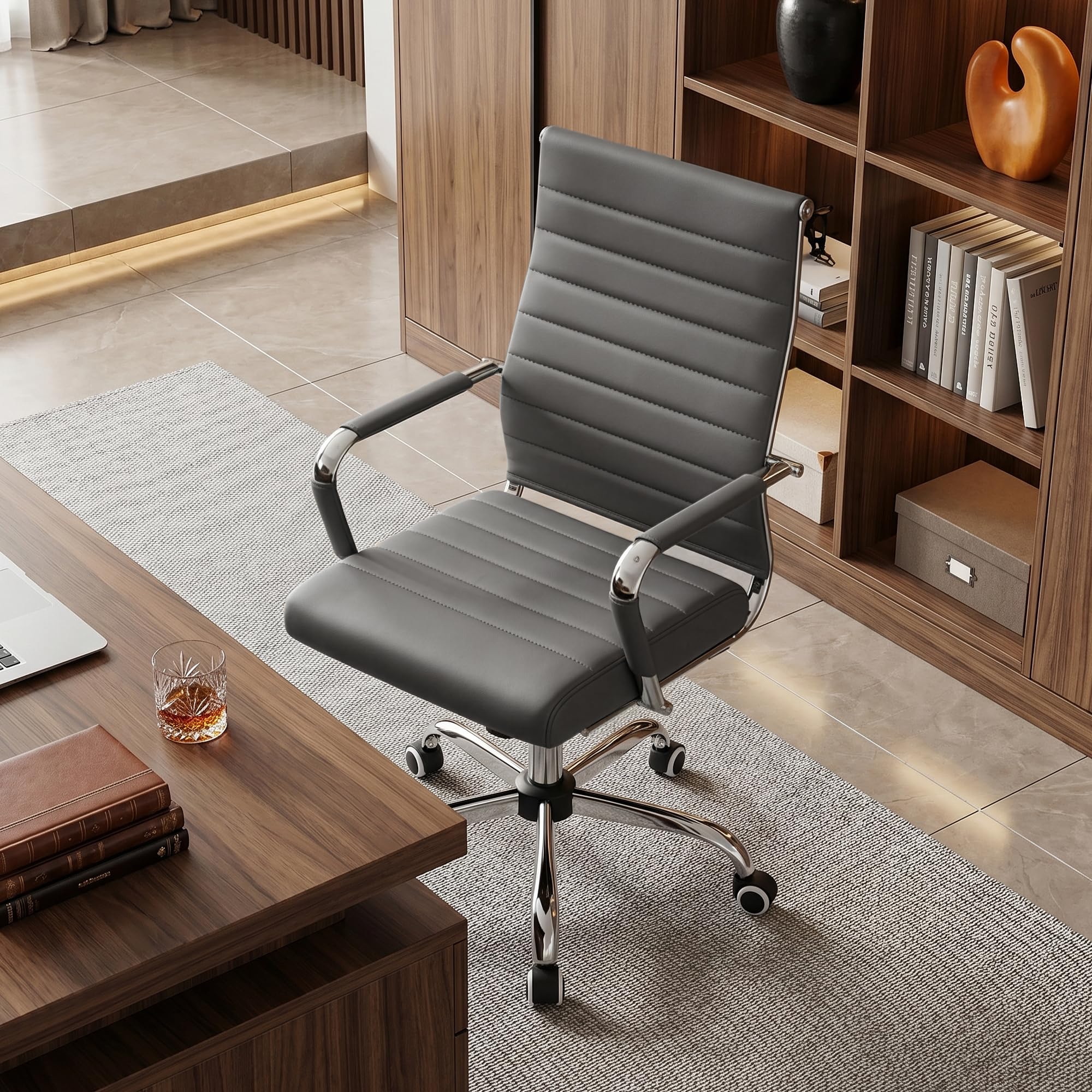 Grey Office Desk Chair, Ergonomic Leather Modern Conference Room Chairs, Executive Ribbed Adjustable Swivel Rolling Chair for Home Office.