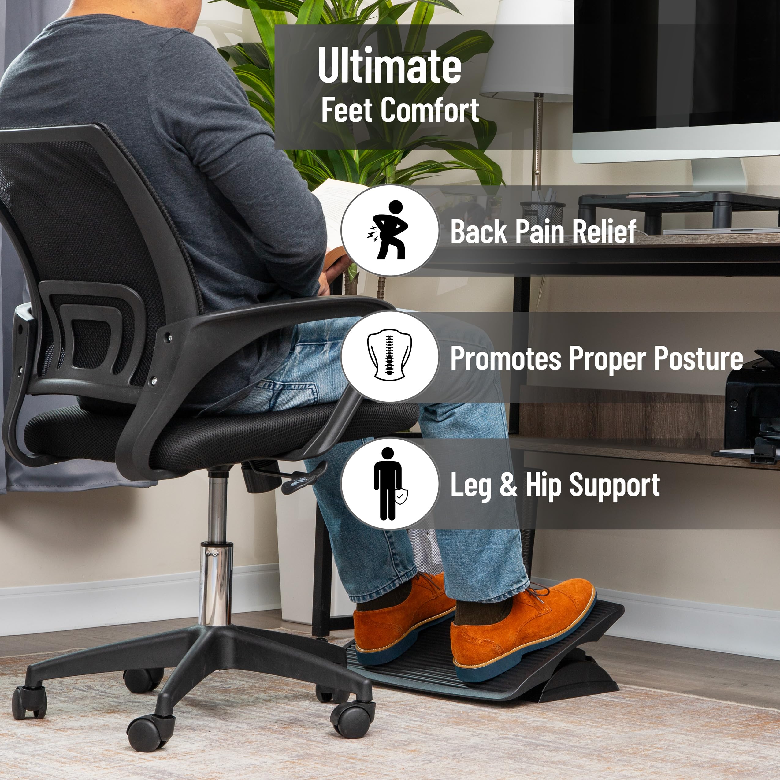 Foot Rest, Under Desk at Work, Ergonomic, Height Adjustable, Office, Plastic, Black