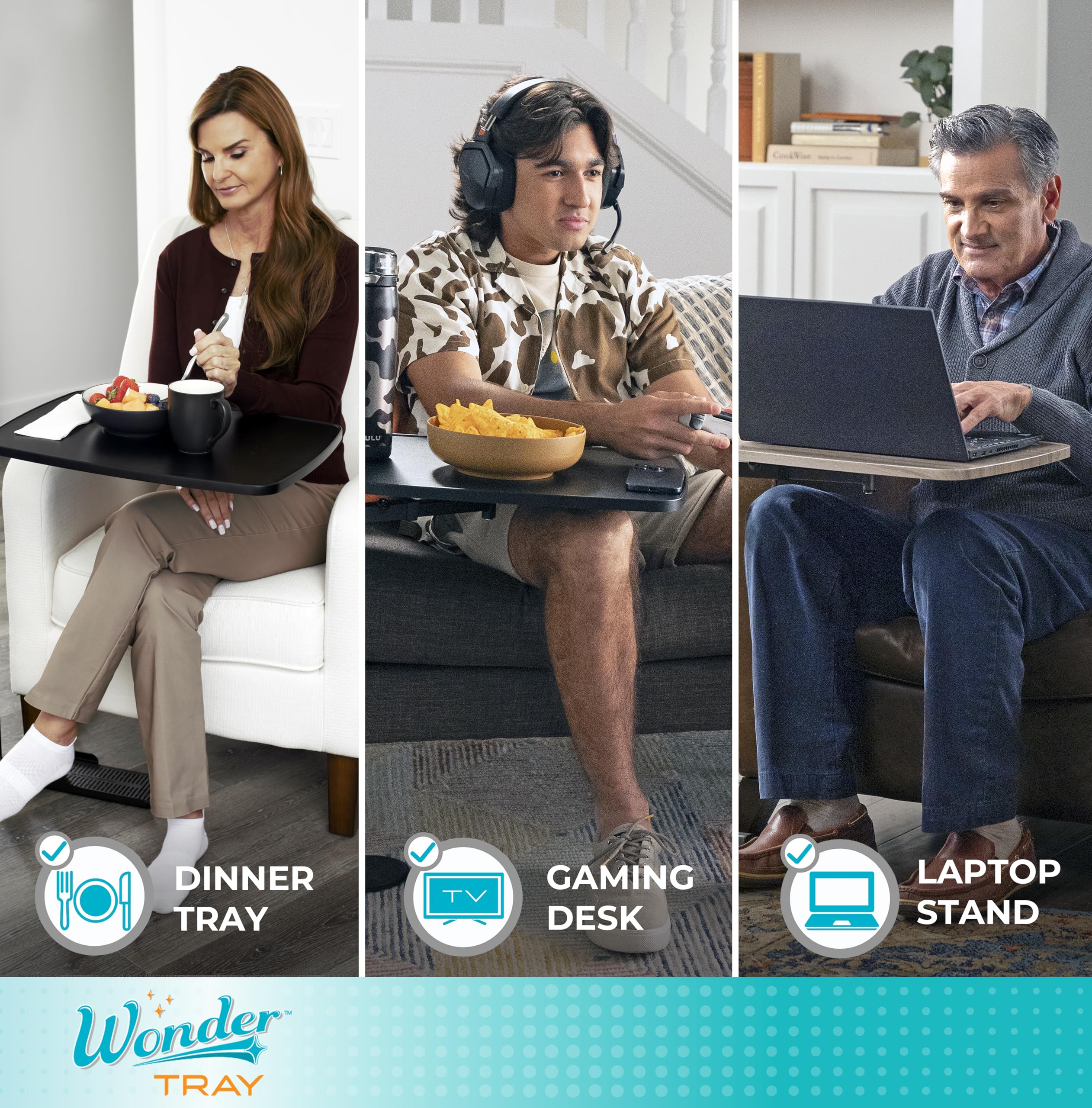 Wonder Tray, Adjustable Swivel Table, Large Laptop Stand, Couch Desk, Side Tables & Gaming Bench, TV-Trays for Eating on Couches, Chairs, Recliners, Black