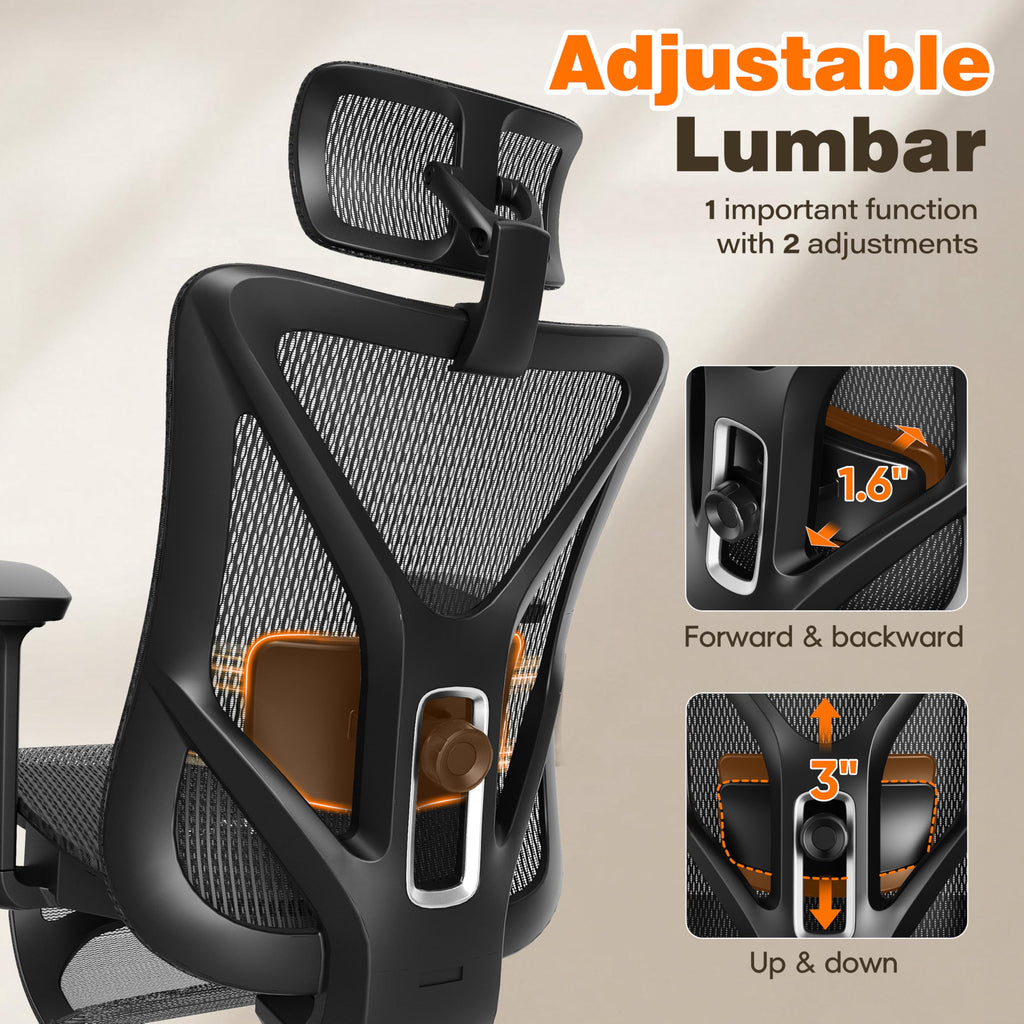 Ergonomic Office Chair with Footrest, 135° Reclining Desk Chair with Adjustable Lumbar Support,3D Armrest,Headrest & Large Steel Base, 300LBS Heavy Duty Mesh Chair