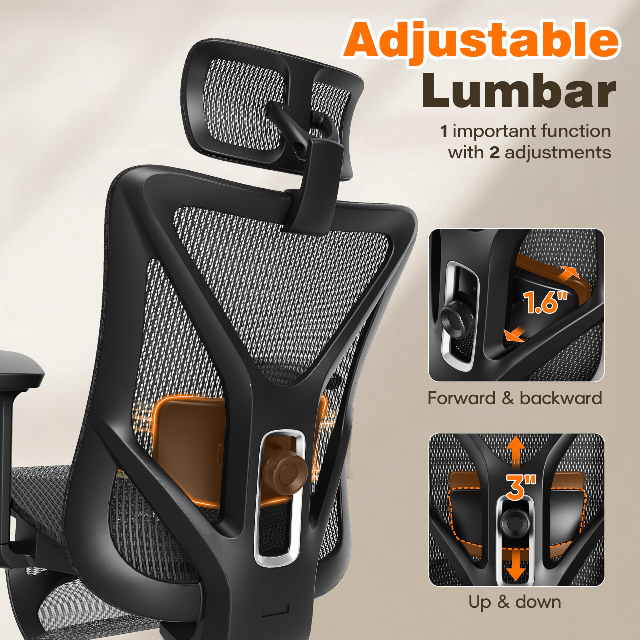 Ergonomic Office Chair with Footrest, 135° Reclining Desk Chair with Adjustable Lumbar Support,3D Armrest,Headrest & Large Steel Base, 300LBS Heavy Duty Mesh Chair