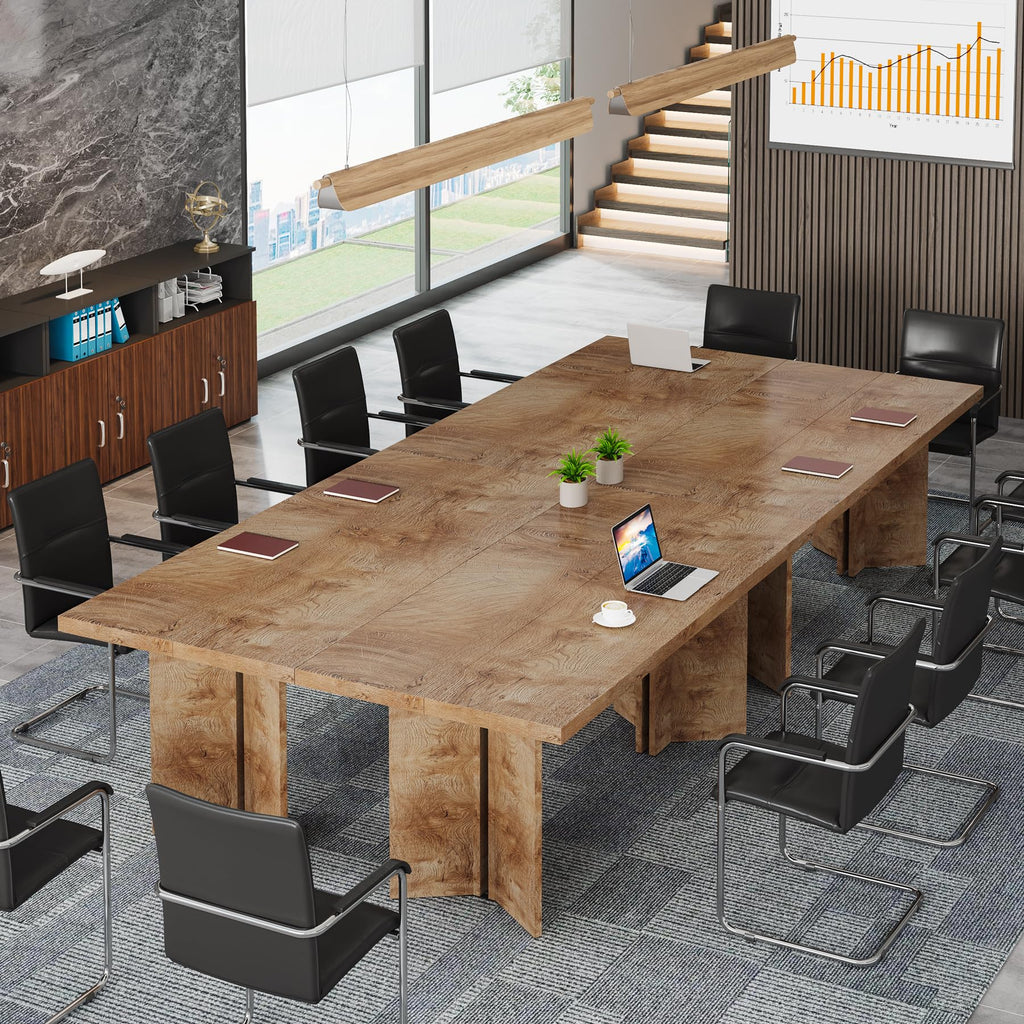5.5FT Conference Table, 63-inch Rectangle Meeting Seminar Table, Large Oak Brown Business Tables for 4-6 People, Heavy Duty Pedestal (Light Oak Brown)