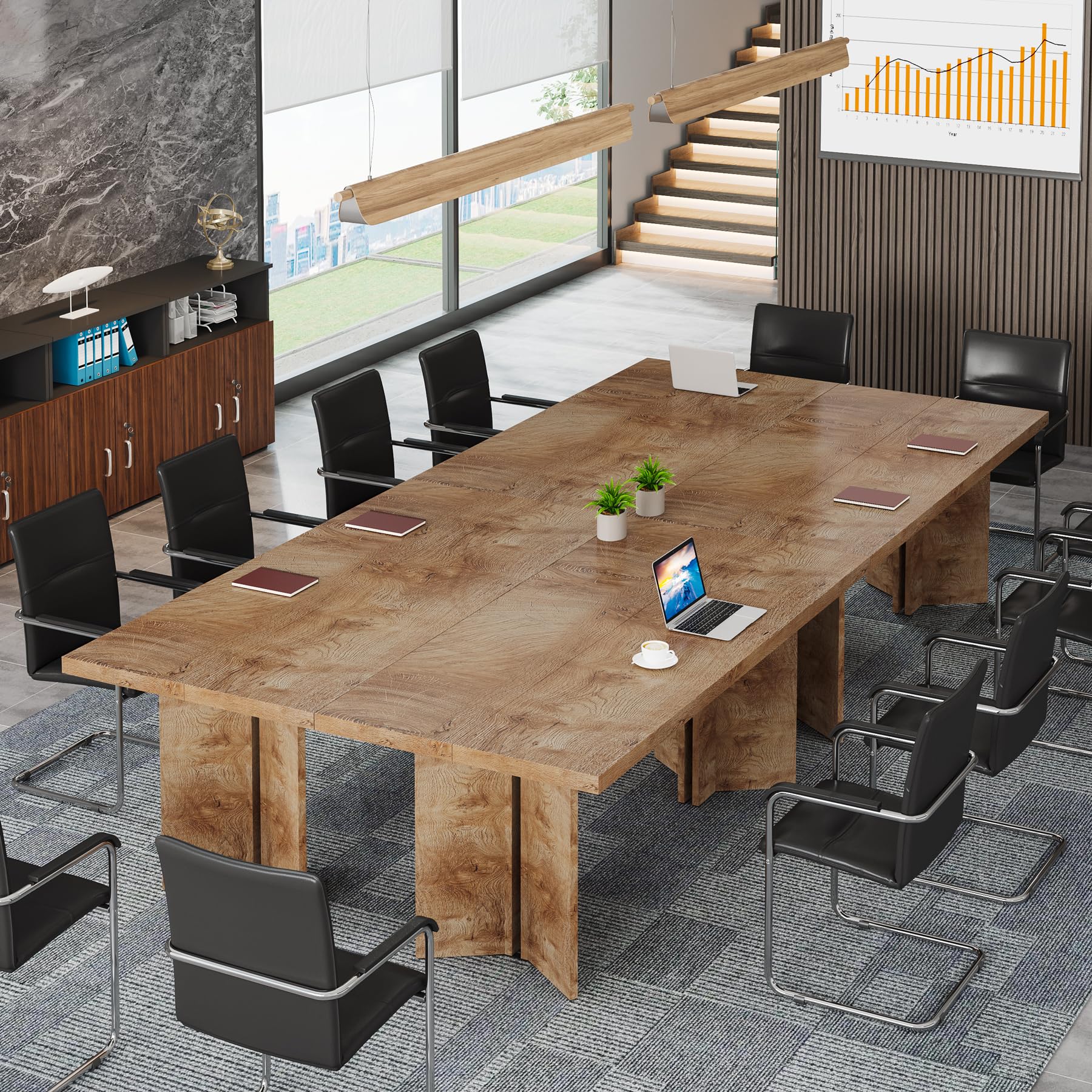 5.5FT Conference Table, 63-inch Rectangle Meeting Seminar Table, Large Oak Brown Business Tables for 4-6 People, Heavy Duty Pedestal (Light Oak Brown)