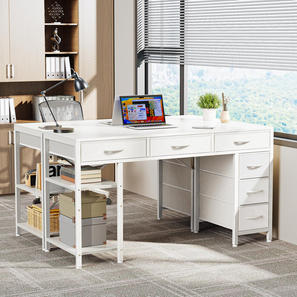 Computer Desk with 6 Drawers, Office Desk with Shelves, Reversible Gaming Desk, Corner Desk with Storage, Work for Home Office, Study, Living Room, 47inch, White