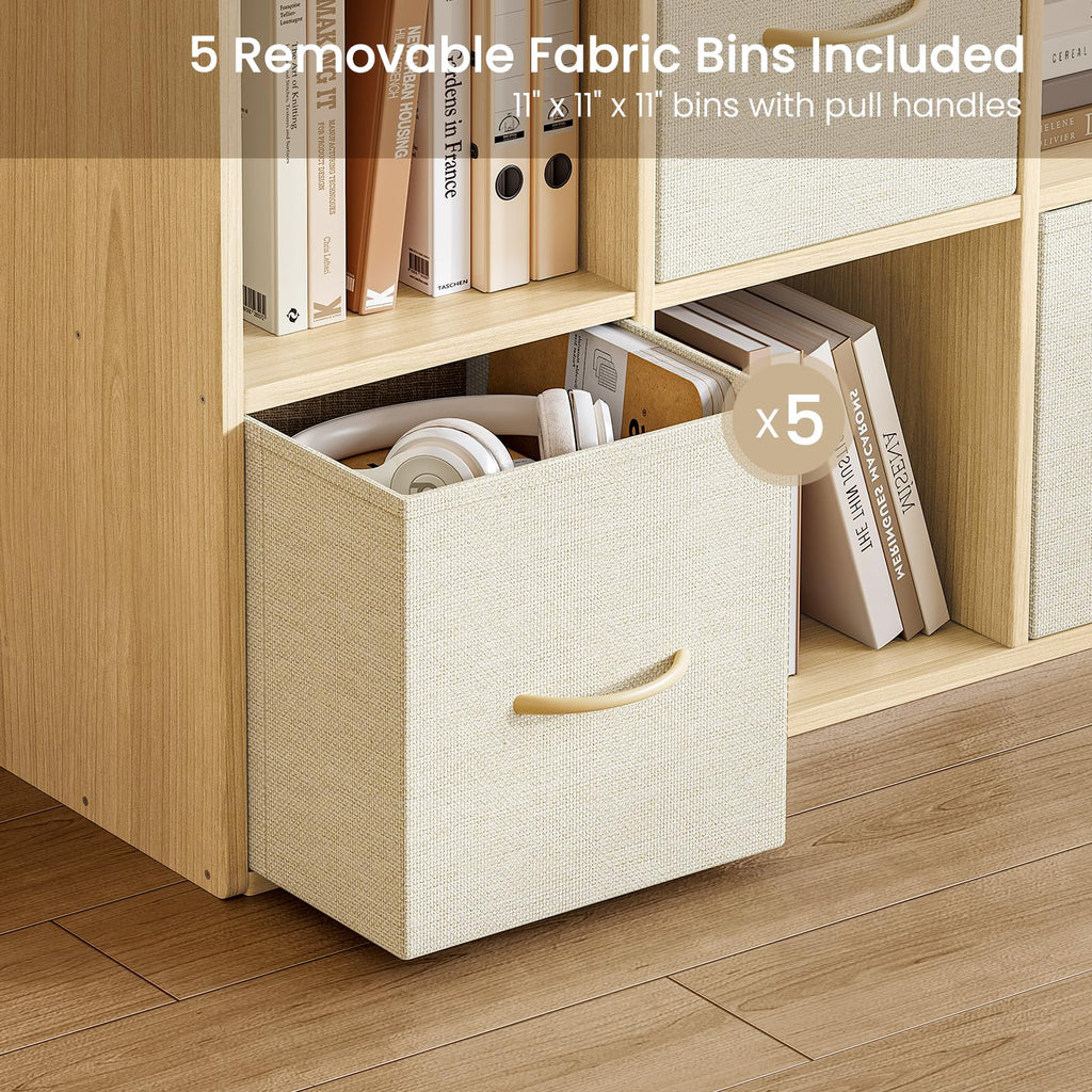 9 Cube Storage Organizer - Solid Wood Bookshelf with 5 Storage Bins, Cube Shelf with 3 Removable Back Panels, Vertical or Horizontal Bookcase, Open Book Shelf for Bedroom, Living Room, Office