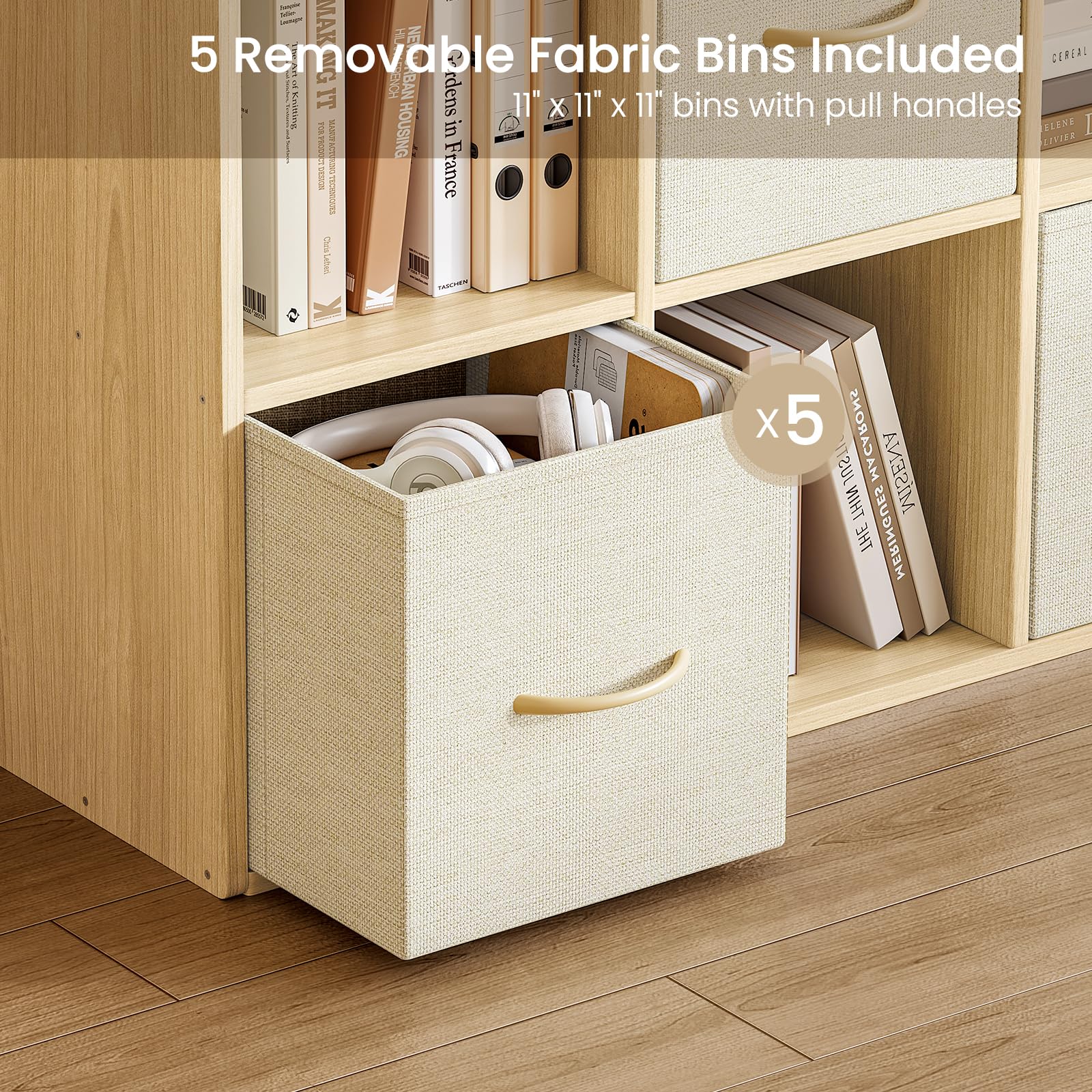 9 Cube Storage Organizer - Solid Wood Bookshelf with 5 Storage Bins, Cube Shelf with 3 Removable Back Panels, Vertical or Horizontal Bookcase, Open Book Shelf for Bedroom, Living Room, Office