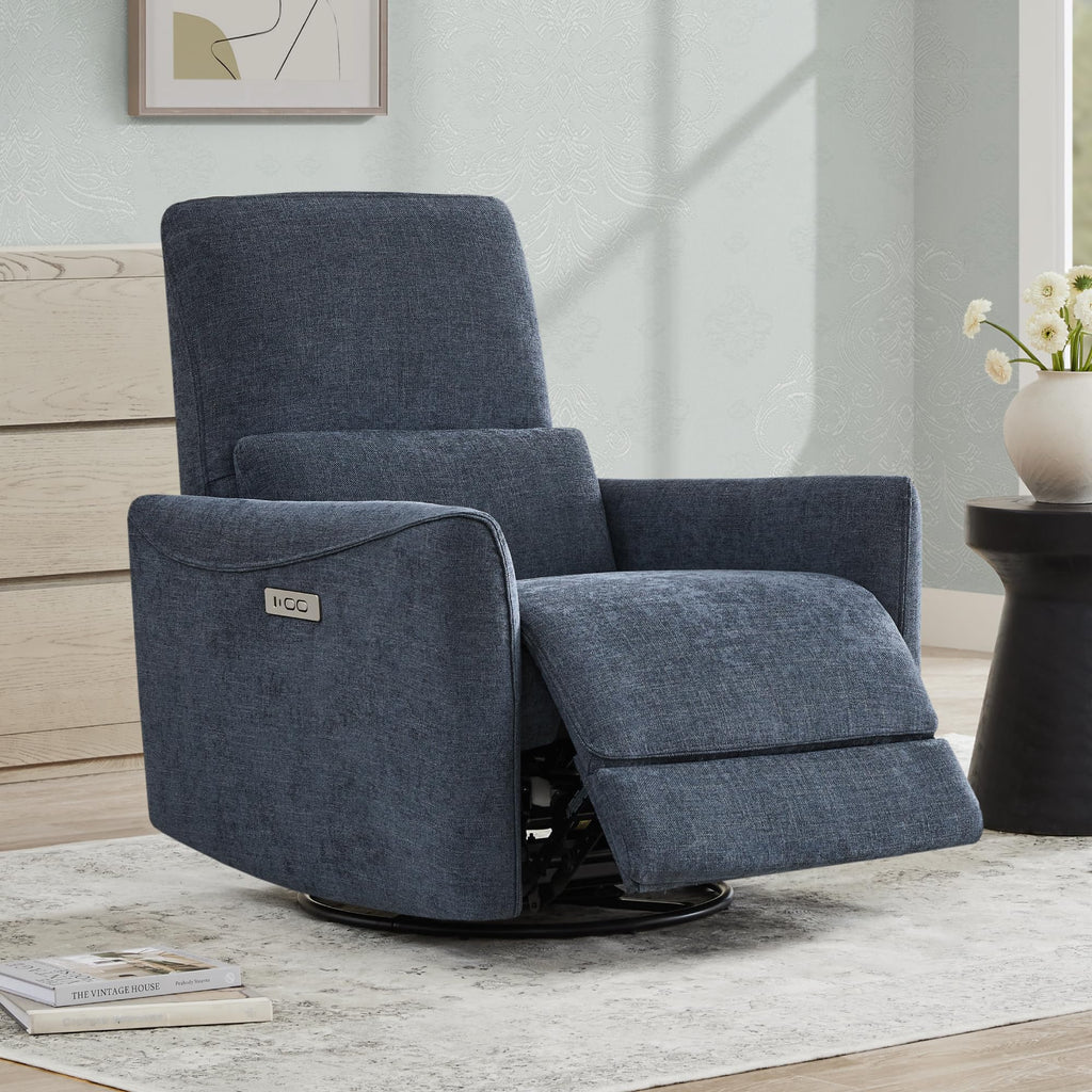 Power Recliner Chair Swivel Glider, FSC Certified Upholstered Fabric Living Room Nursery Reclining Sofa Chair with Lumbar Support, Ink Blue