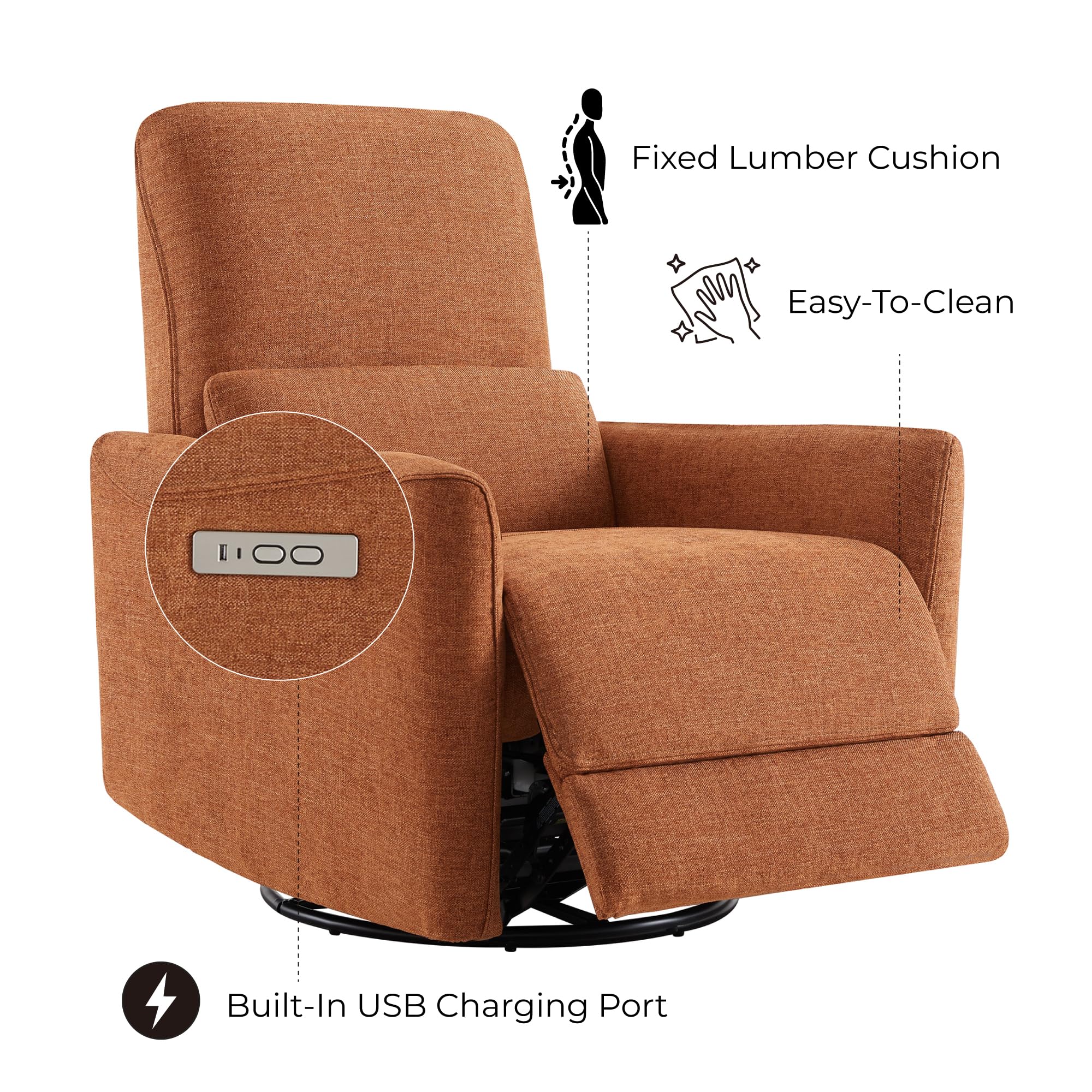 Power Recliner Chair Swivel Glider, FSC Certified Fabric Living Room Nursery Reclining Sofa Chair with Lumbar Support,Terracotta