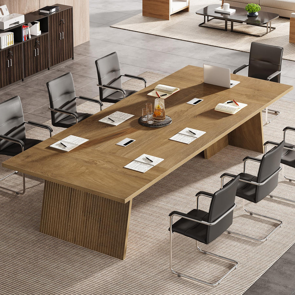Conference Table, 8ft Conference Room Table for 10 People, Large Meeting Desk with Cable Grommet, Modern Boardroom Table for Office Conference (2, Brown)