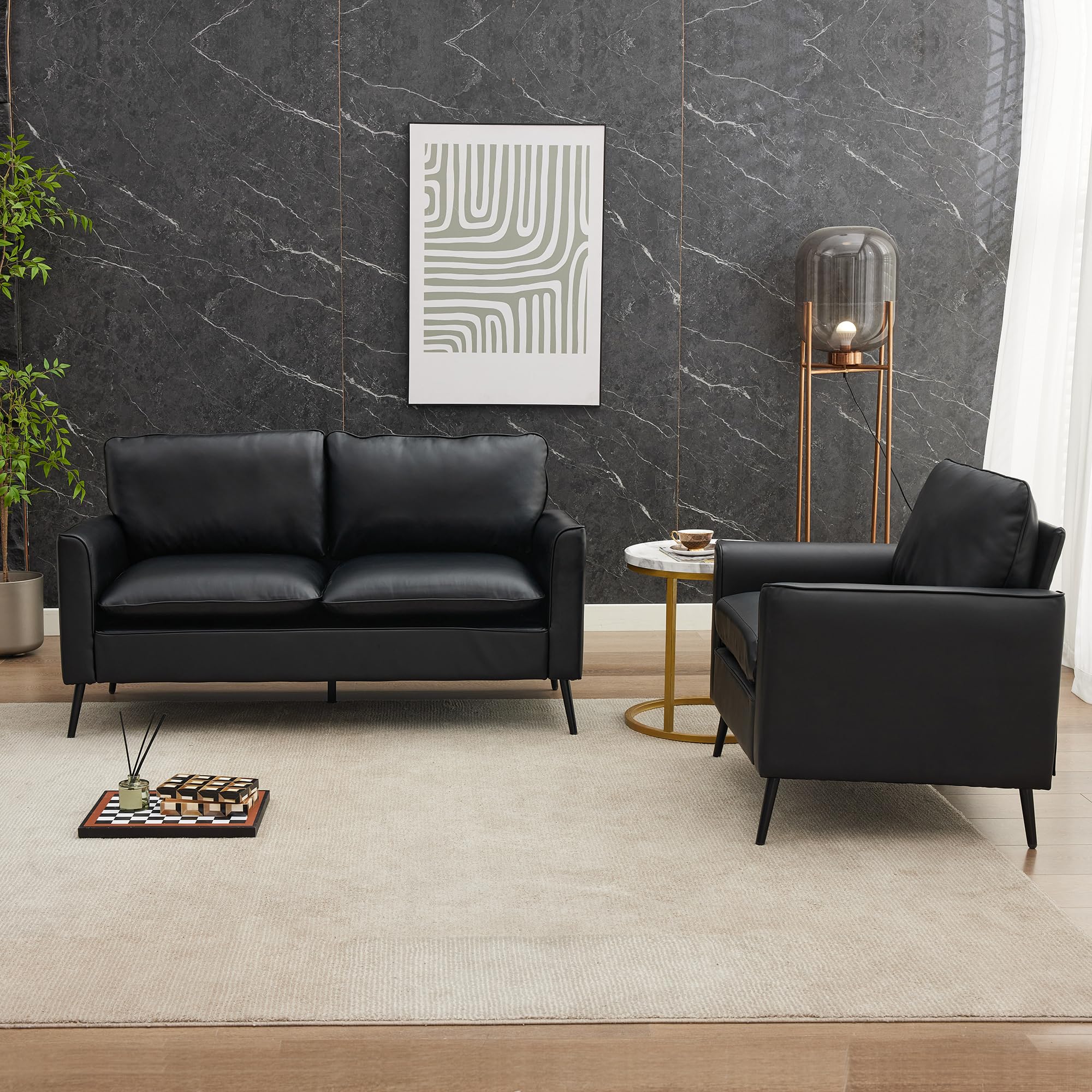 Modern Leather Loveseat, Upholstered Couch for Guest, Mid-Century Accent Chair for Living Room Comfy, Couches for Small Spaces, Sofa Chair Reading Chair for Waiting Room.