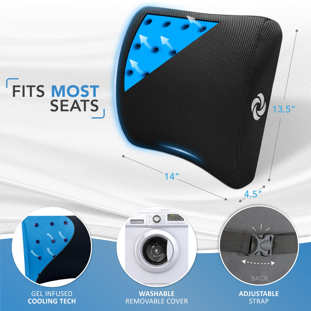 Memory Foam Lumbar Support Pillow for Office Chair, Gaming Chair & Car Seat Automotive Use, Home Office Essentials for Sitting Comfort and Posture Relief Back Support, Black with Cooling Gel