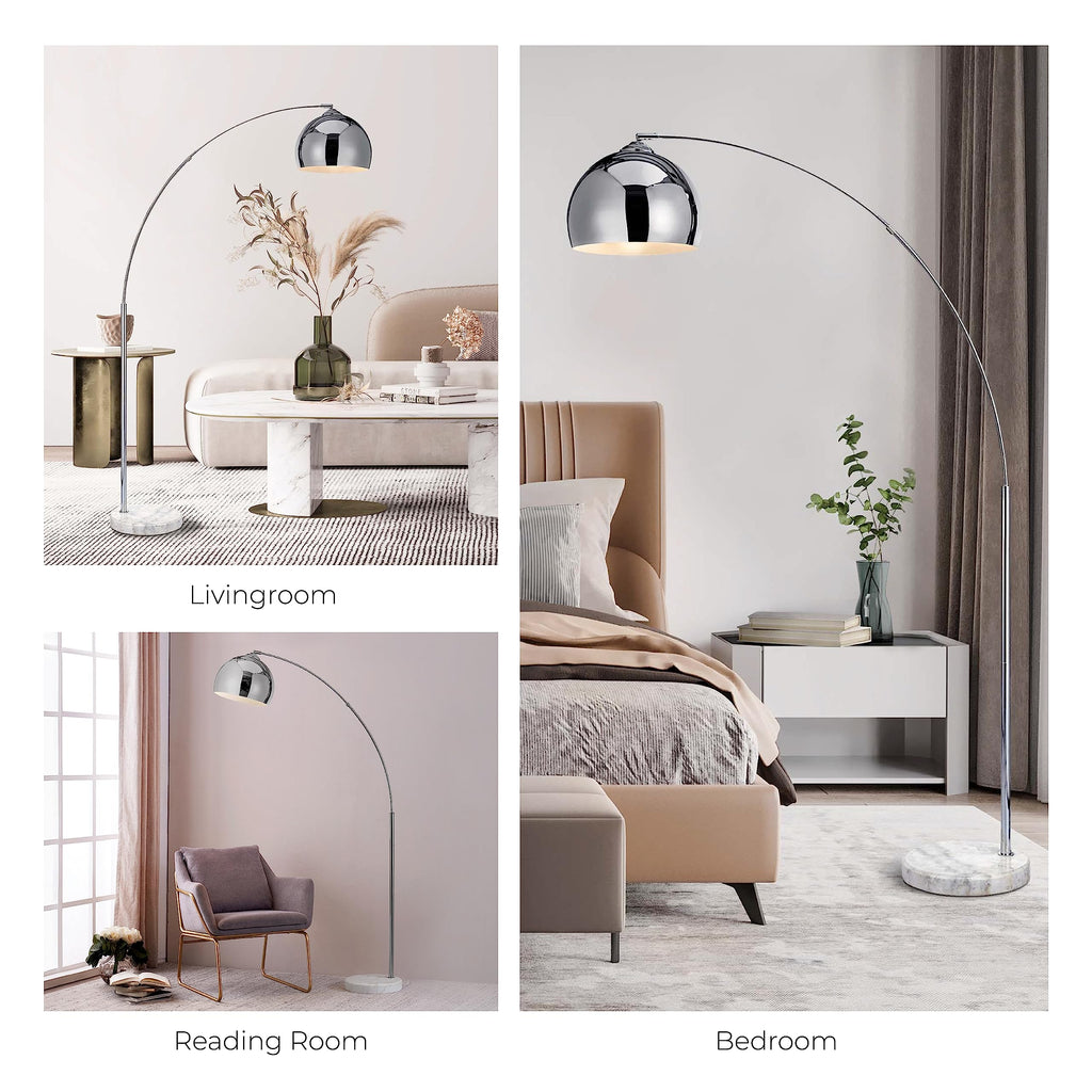 Arquer 68.1" Arc Floor Lamp for Living Rooms, Home Offices, Dining Rooms, Bedrooms with Faux White Marble Base and Chrome Bell Shade