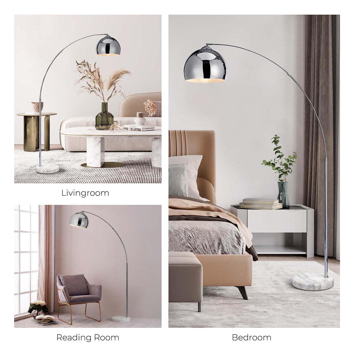 Arquer 68.1" Arc Floor Lamp for Living Rooms, Home Offices, Dining Rooms, Bedrooms with Faux White Marble Base and Chrome Bell Shade