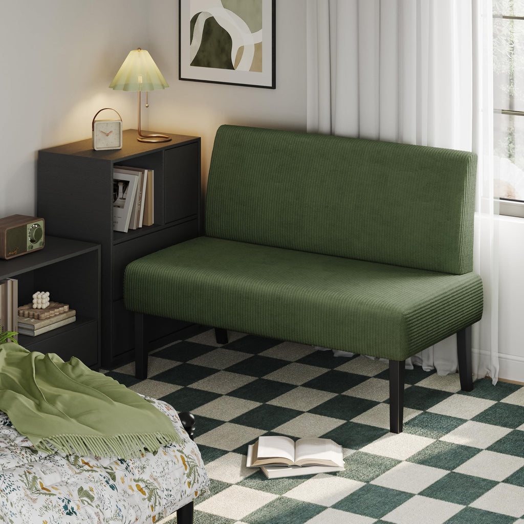 Small Mini Sofa Couch Armless Loveseat, Corduroy Fabric & Easy Assembly, for Small Spaces Office,Living Room,Dorm,Apartment, Green