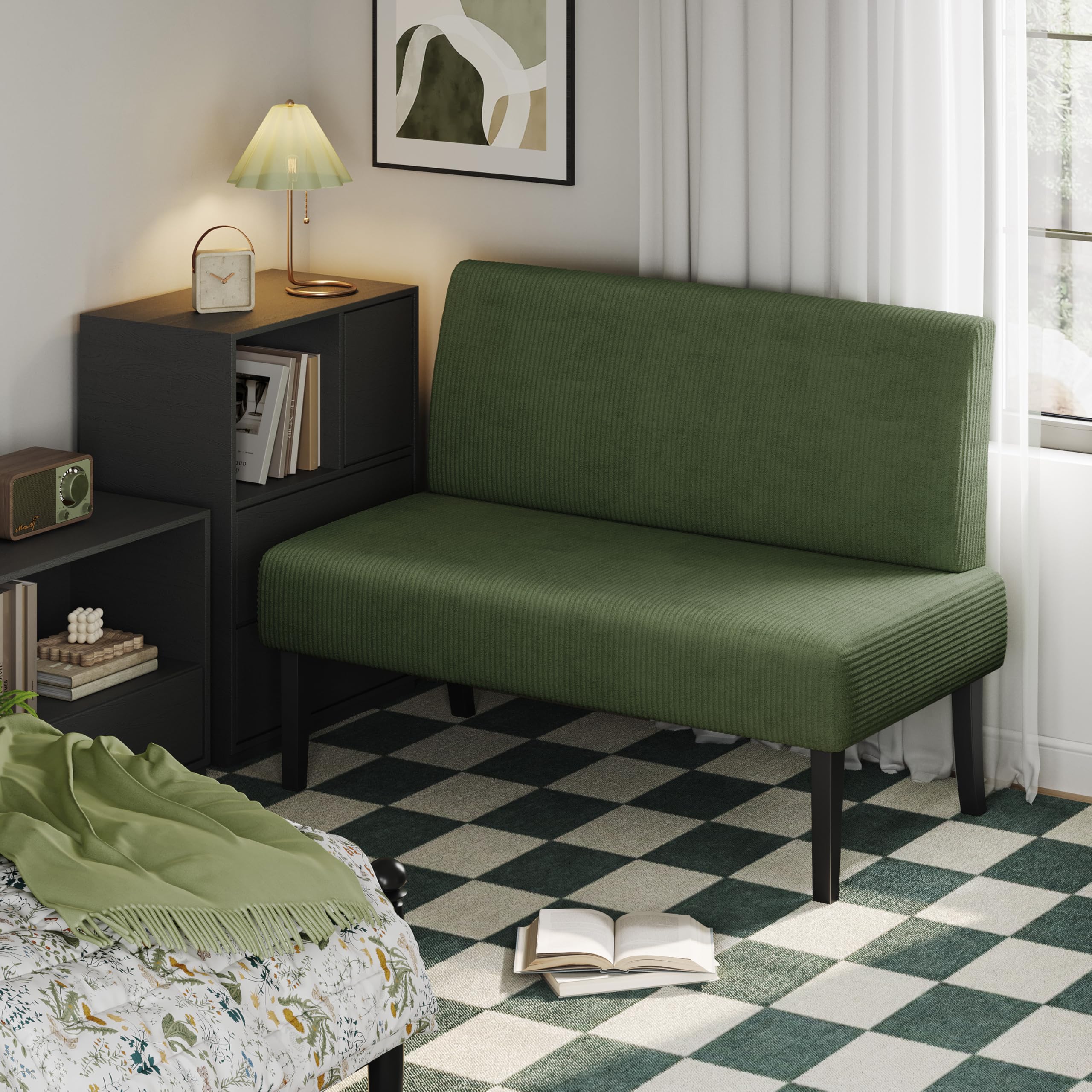 Small Mini Sofa Couch Armless Loveseat, Corduroy Fabric & Easy Assembly, for Small Spaces Office,Living Room,Dorm,Apartment, Green