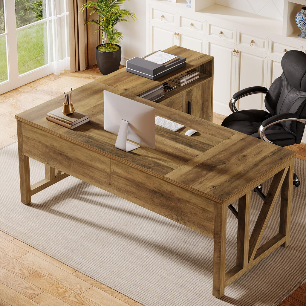 63" Executive Computer Desk and lateral File Cabinet, 2 Piece Home Office Furniture with Drawers for Hanging, Door (Rustic Brown, 63 inches)