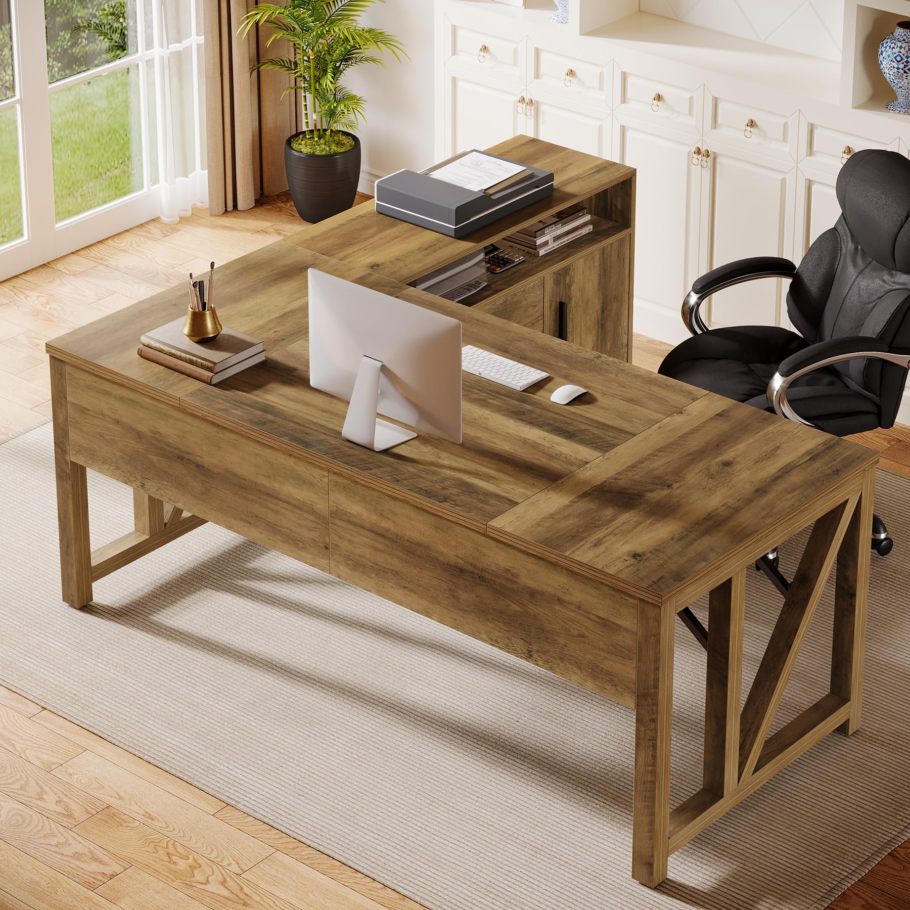 63" Executive Computer Desk and lateral File Cabinet, 2 Piece Home Office Furniture with Drawers for Hanging, Door (Rustic Brown, 63 inches)