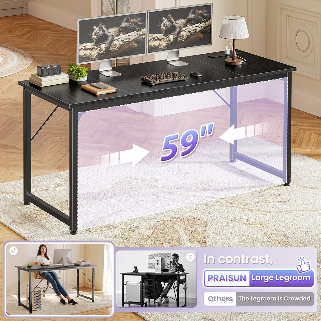 63 X 24 Inch Office Computer Desk with Power Outlets and USB-C Port, Larger and Longer Gaming Desk, for Home Office, Study, Writing Work from Home Table, Metal Frame, Black