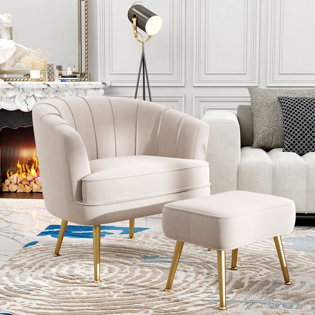 Velvet Accent Chair with Ottoman, Upholstered Modern Single Sofa Side Chair,Comfy Barrel Club Living Room Armchair with Golden Metal Legs for Office Bedroom Living Reading Room , Beige