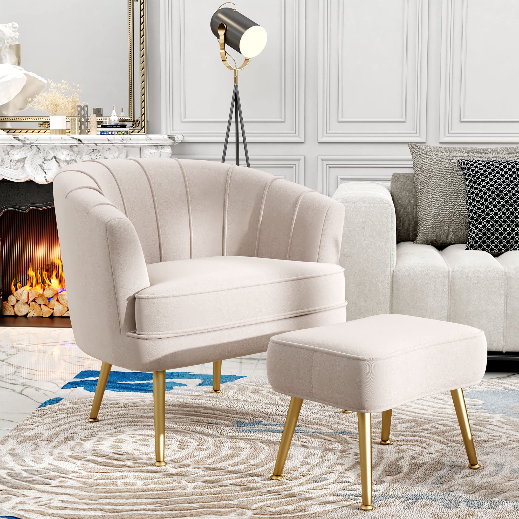Velvet Accent Chair with Ottoman, Upholstered Modern Single Sofa Side Chair,Comfy Barrel Club Living Room Armchair with Golden Metal Legs for Office Bedroom Living Reading Room , Beige