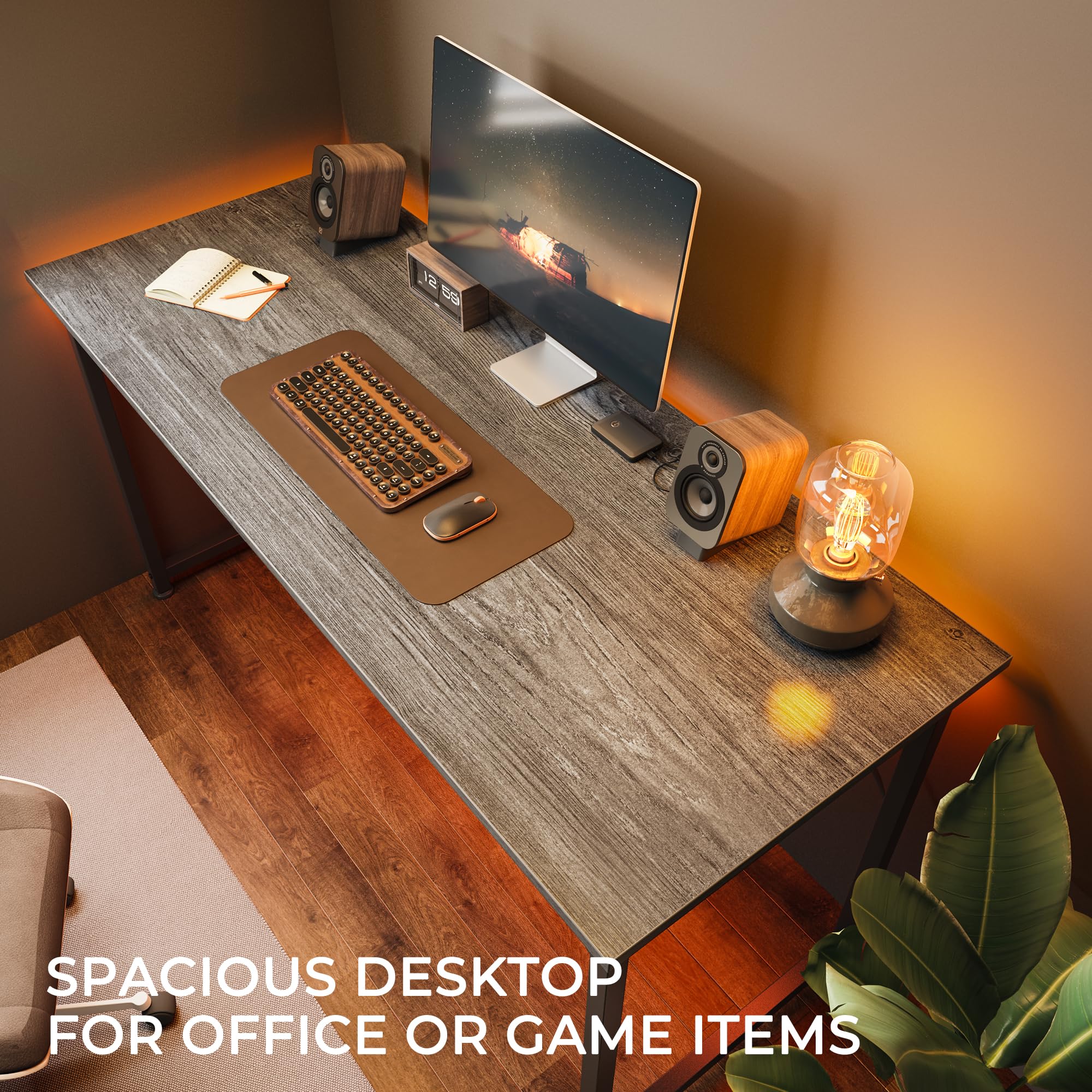 Computer Desk, 55 Inch Home Office Desk, Gaming Writing Work from Home Study Desk, Large Legroom, Sturdy Metal Frame, Modern Simple, Grey