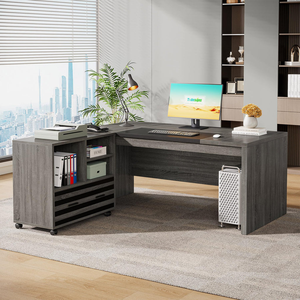 62.2" Executive Desk with Mobile File Cabinet, L-Shaped Office Desk with Storage Shelves, Large Computer Table Business Workstation Set for Home Office, Grey