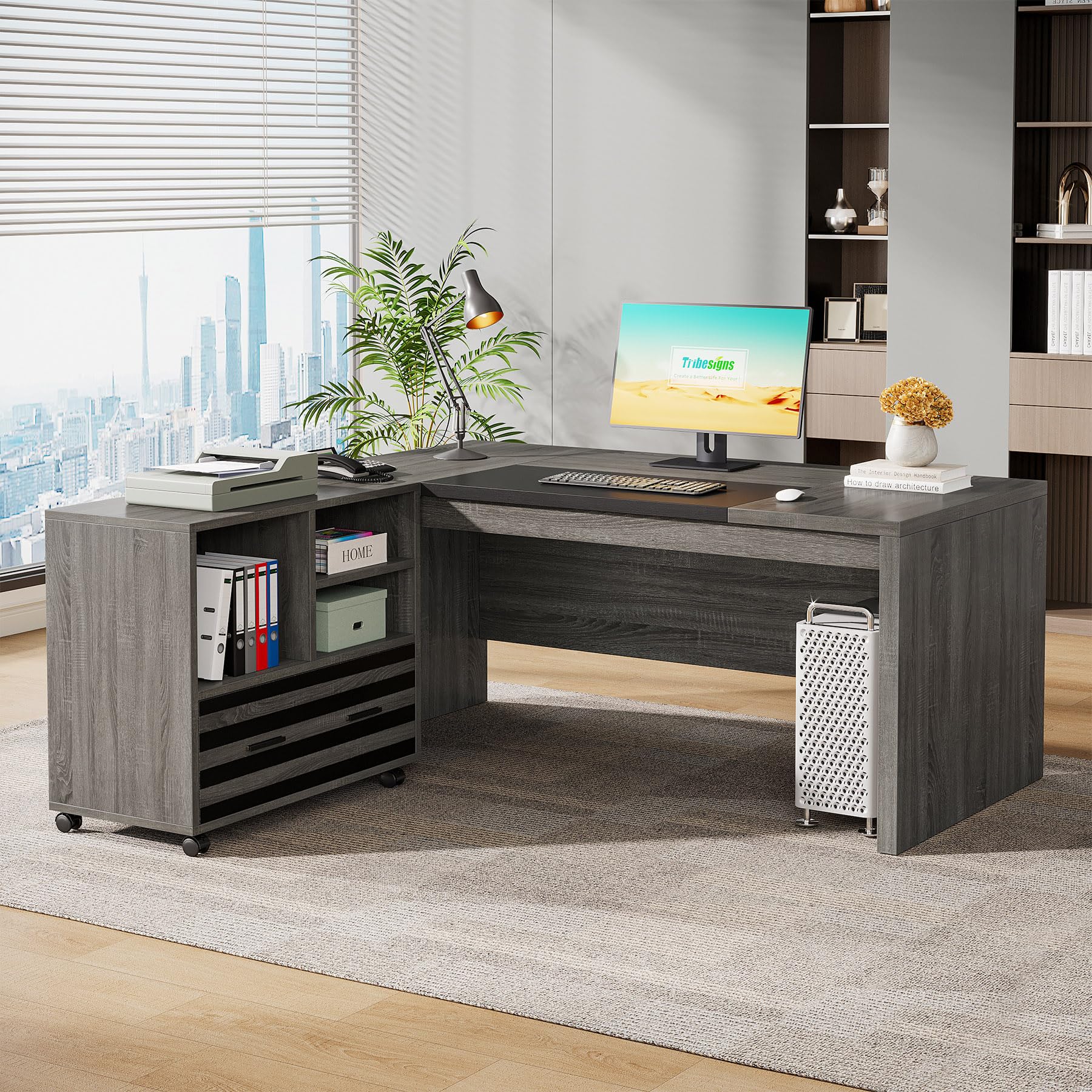 62.2" Executive Desk with Mobile File Cabinet, L-Shaped Office Desk with Storage Shelves, Large Computer Table Business Workstation Set for Home Office, Grey