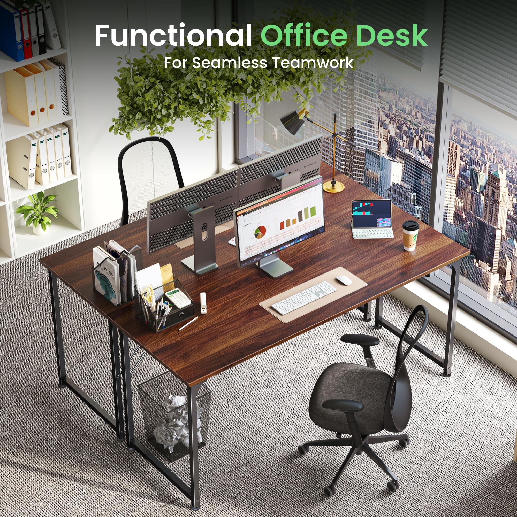 Computer Desk, 54 Inch Office Desk, Gaming Desk with Storage, Writing Desk Work Desk for Home Office, Study, Modern Simple Desk, Large Legroom, Metal Frame, Walnut