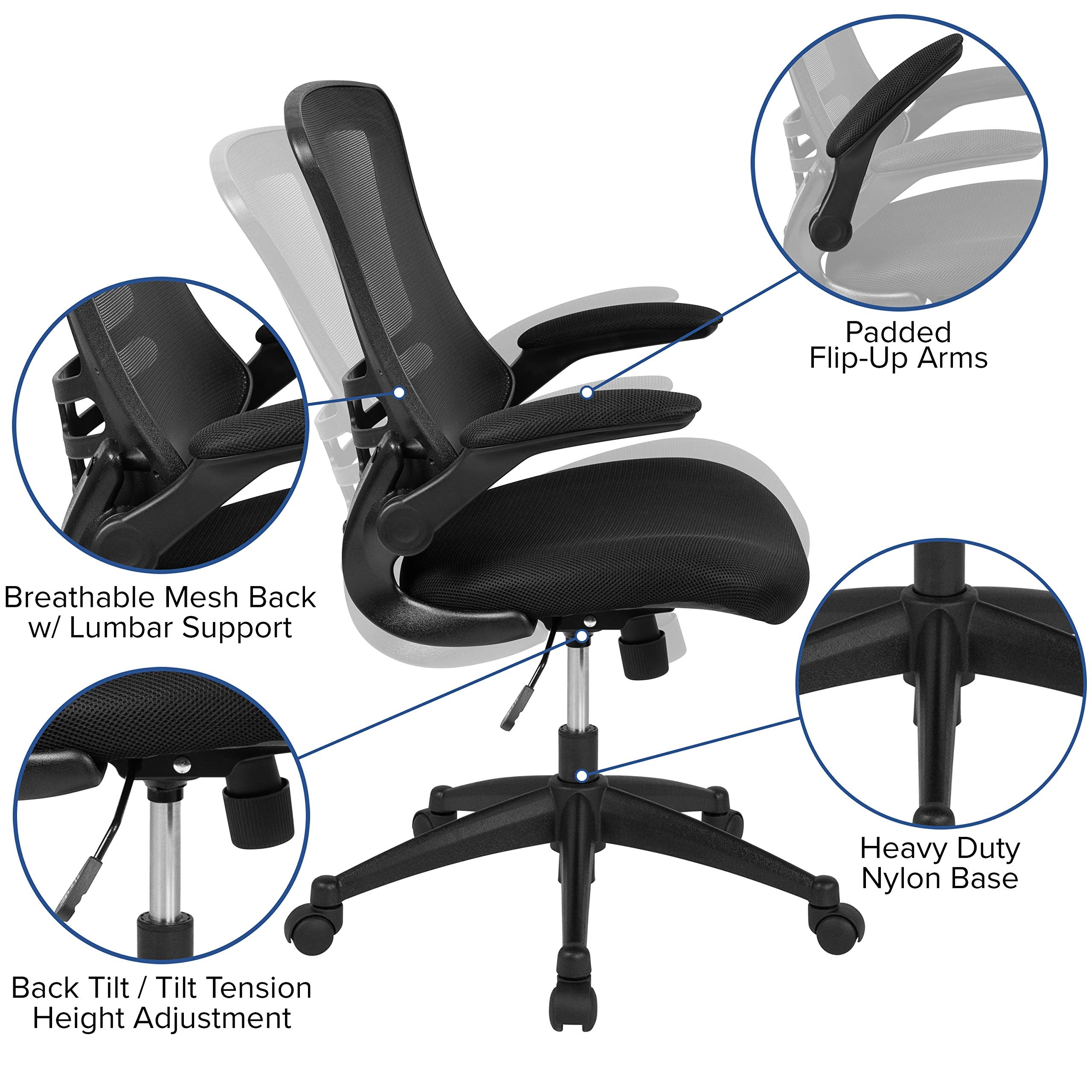 Set of 4, Mid-Back Swivel Ergonomic Task Office Chairs with Flip-Up Arms, Black Mesh