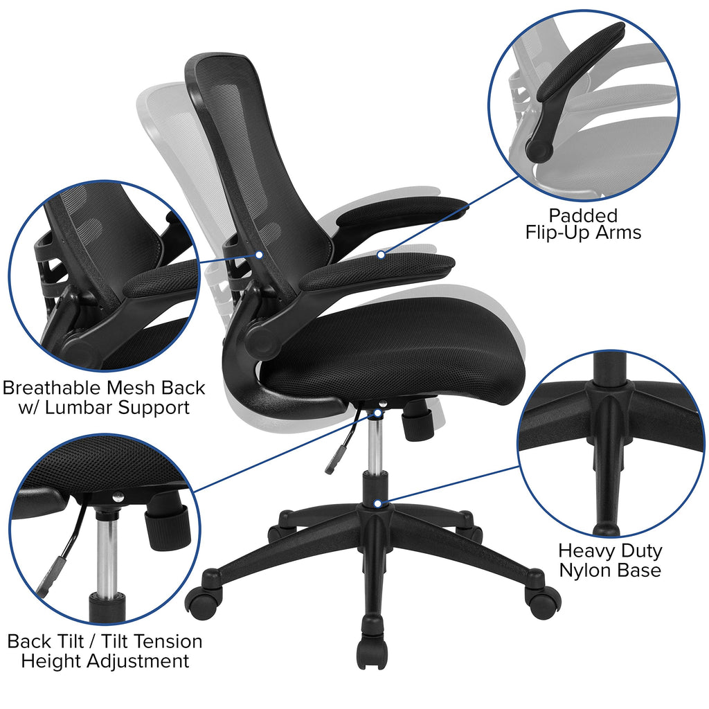 Set of 5, Mid-Back Black Mesh Swivel Ergonomic Task Office Chair with Flip-Up Arms