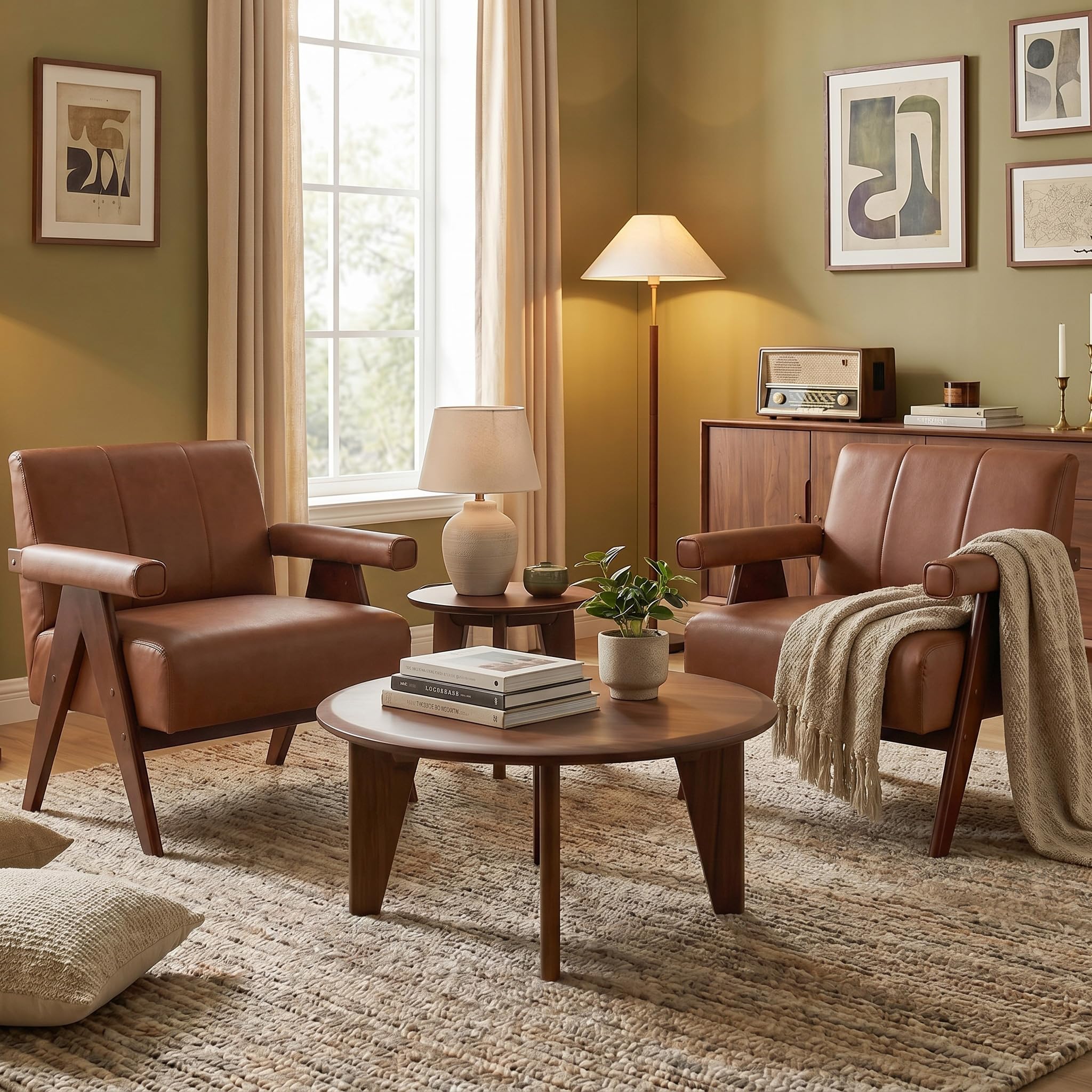 Mid Century Modern Accent Chairs Set of 2, Solid Wood Frame Brown Leather Armchairs, Modern Reading & Living Room Chairs for Office Guest & Waiting Room