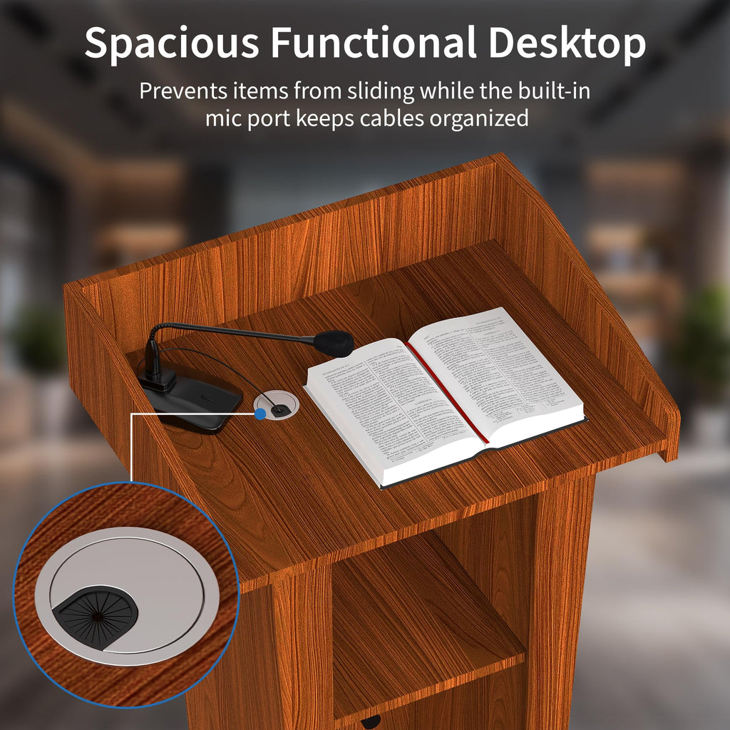 Wooden Podium Stand with Wheels, 41”–54.5” Height Adjustable Lectern, Mobile Podium with Crank Lift, Stable Base & Storage Shelf, Elegant Design for Churches, Classrooms and Conferences