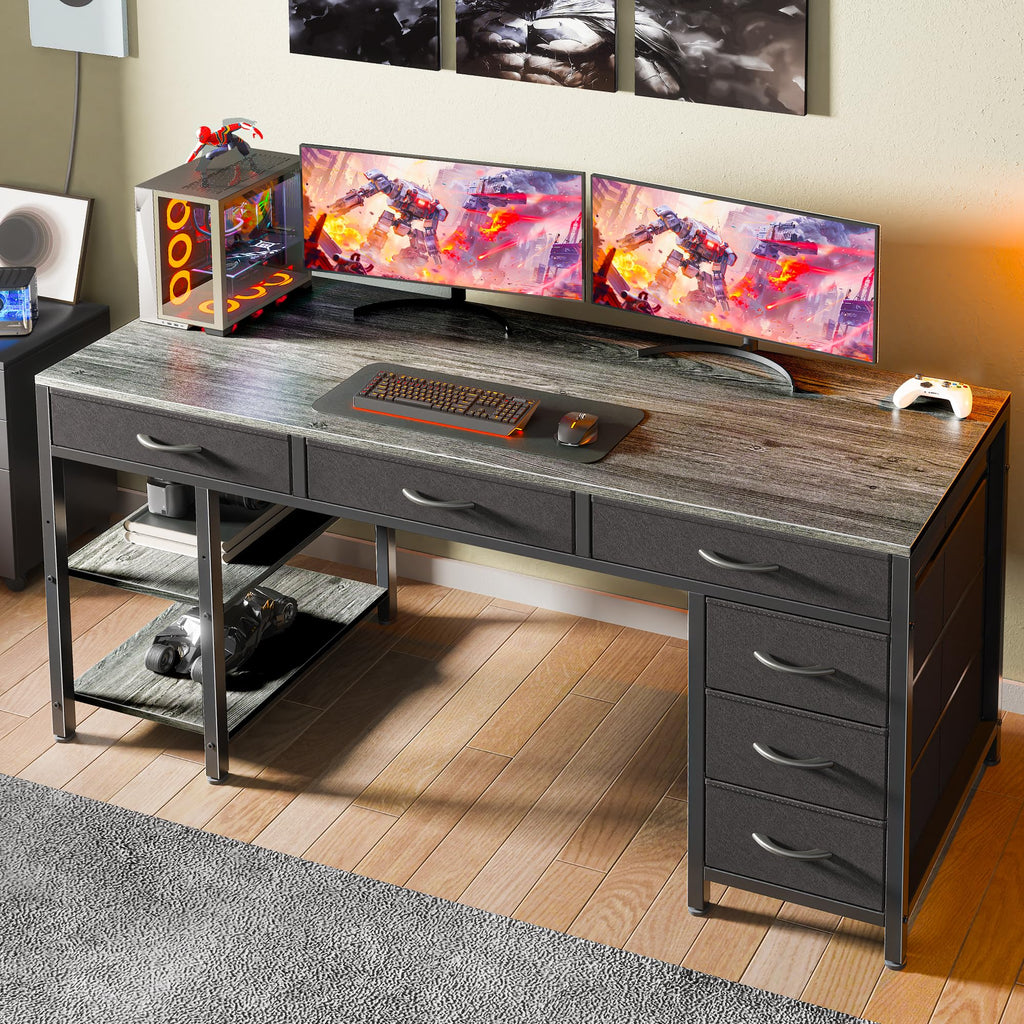 Computer Desk with 6 Drawers, Office Desk with Shelves, Reversible Gaming Desk, Corner Desk with Storage, Work for Home Office, Study, Living Room, 54inch, Grey