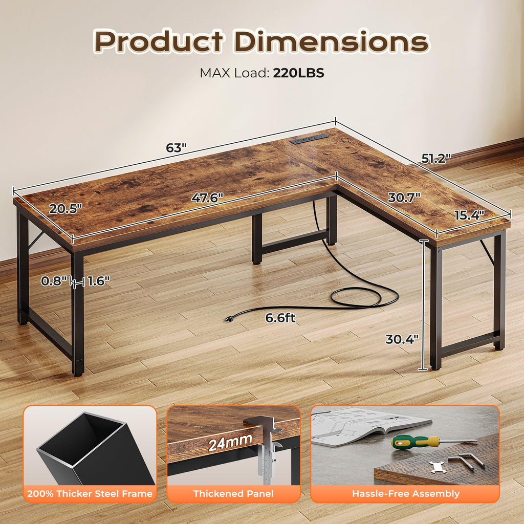 63 Inch L Shaped Desk with Power Outlets and USB-C Port, 0.95 Inch Thicker Desktop, Reversible Computer Desk, Larger Office Corner Gaming Desk, Metal Frame, for Home Office, Study, Rustic Brown
