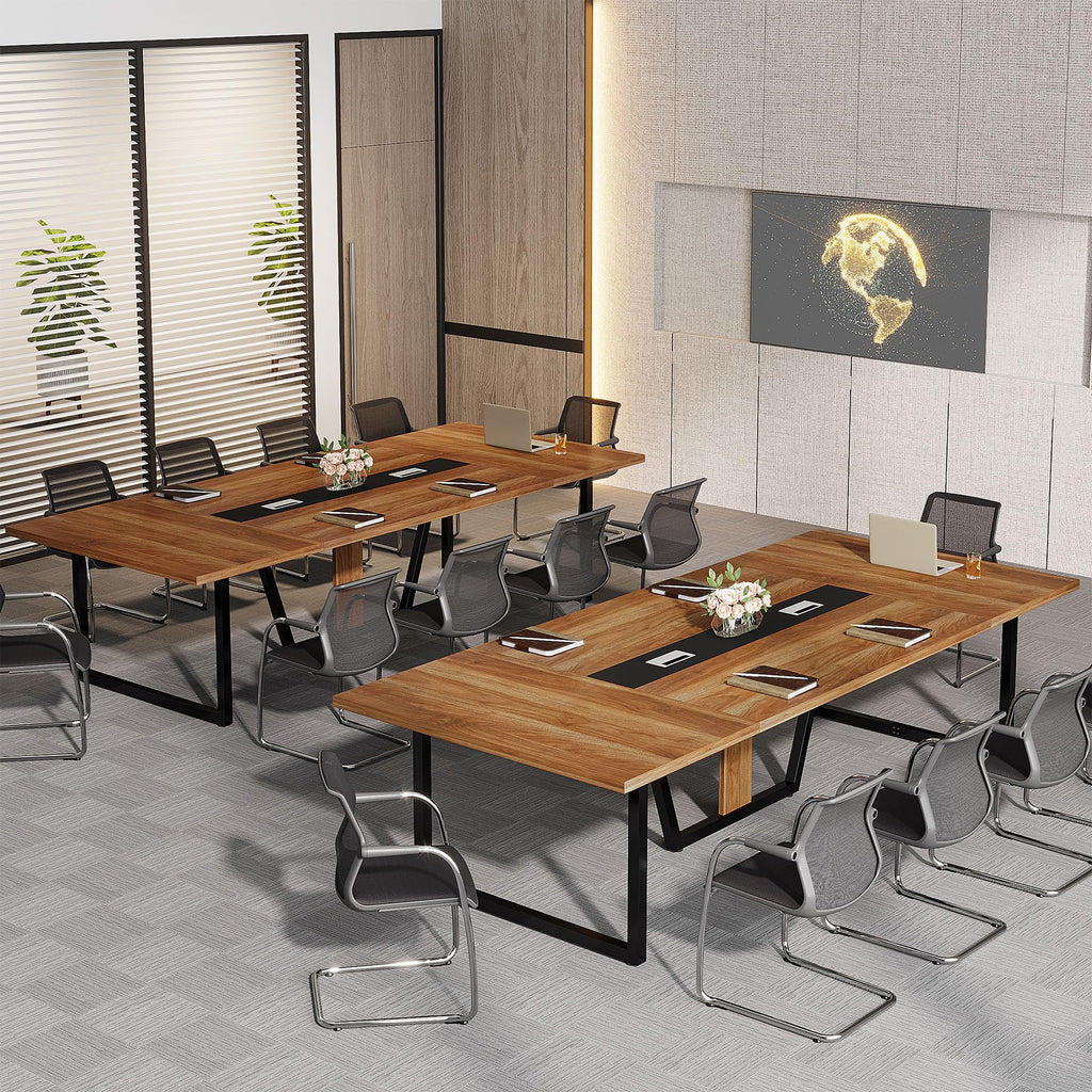 8FT Conference Table Set of 2, Large Meeting Podcast Table for 10 People, Business Style Wooden Training Table with Strong Metal Frame for Office Conference