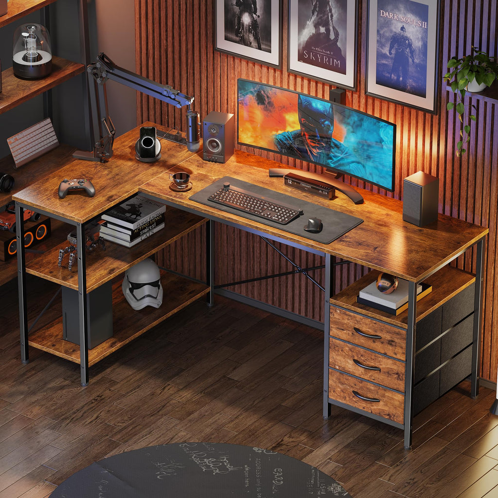 L Shaped Office Desk with Power Outlets, 55 Inch Computer Desk with 3 Drawers, Shelves, Reverisble for Gaming Corner Work Home Office Study, Rustic Brown