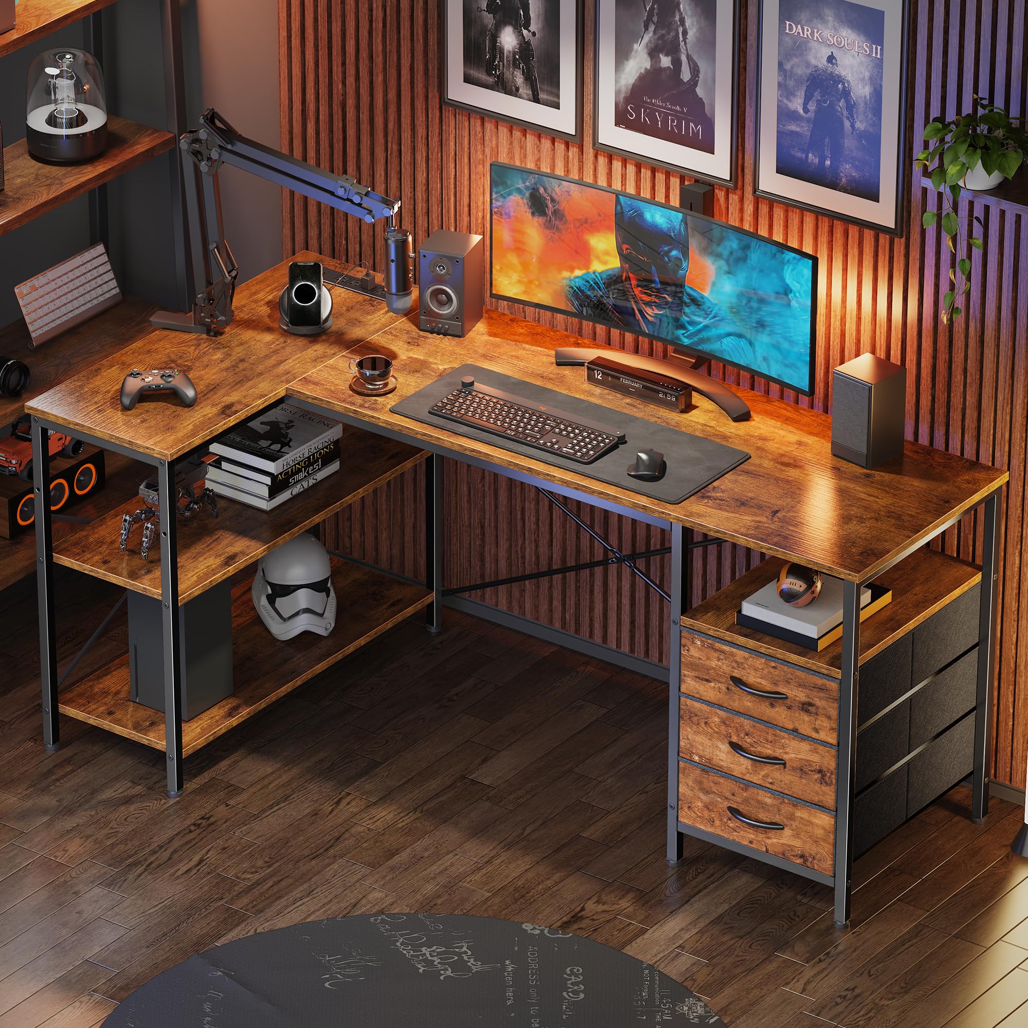 L Shaped Office Desk with Power Outlets, 55 Inch Computer Desk with 3 Drawers, Shelves, Reverisble for Gaming Corner Work Home Office Study, Rustic Brown