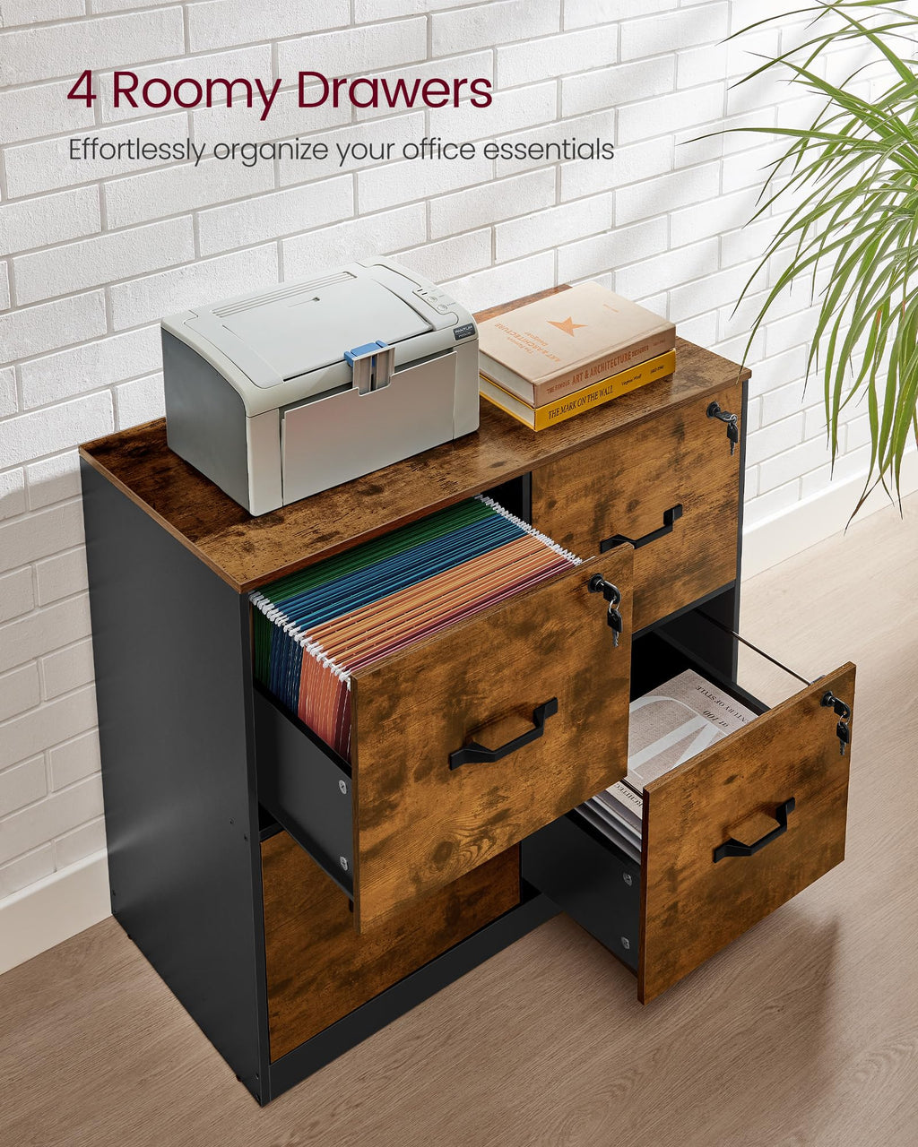 4-Drawer Lateral File Cabinet, Compact, Locking, Printer Stand