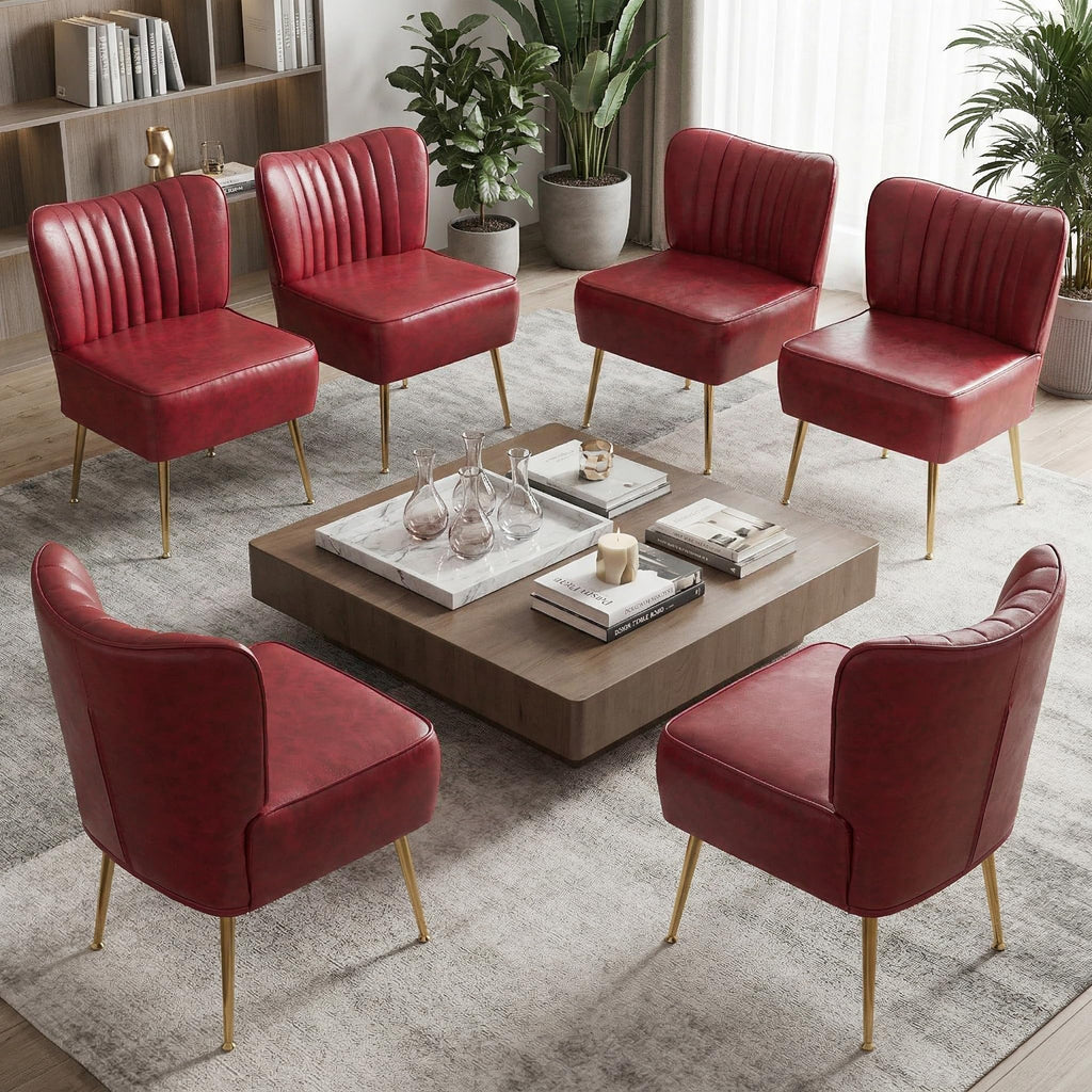 Modern Leather Accent Chairs Set of 6, Vintage Slipper Chair with Heavy Duty Iron Frame & Gold Legs, Mid Century Side Sofa Chair for Living Room Office（Wine Red）