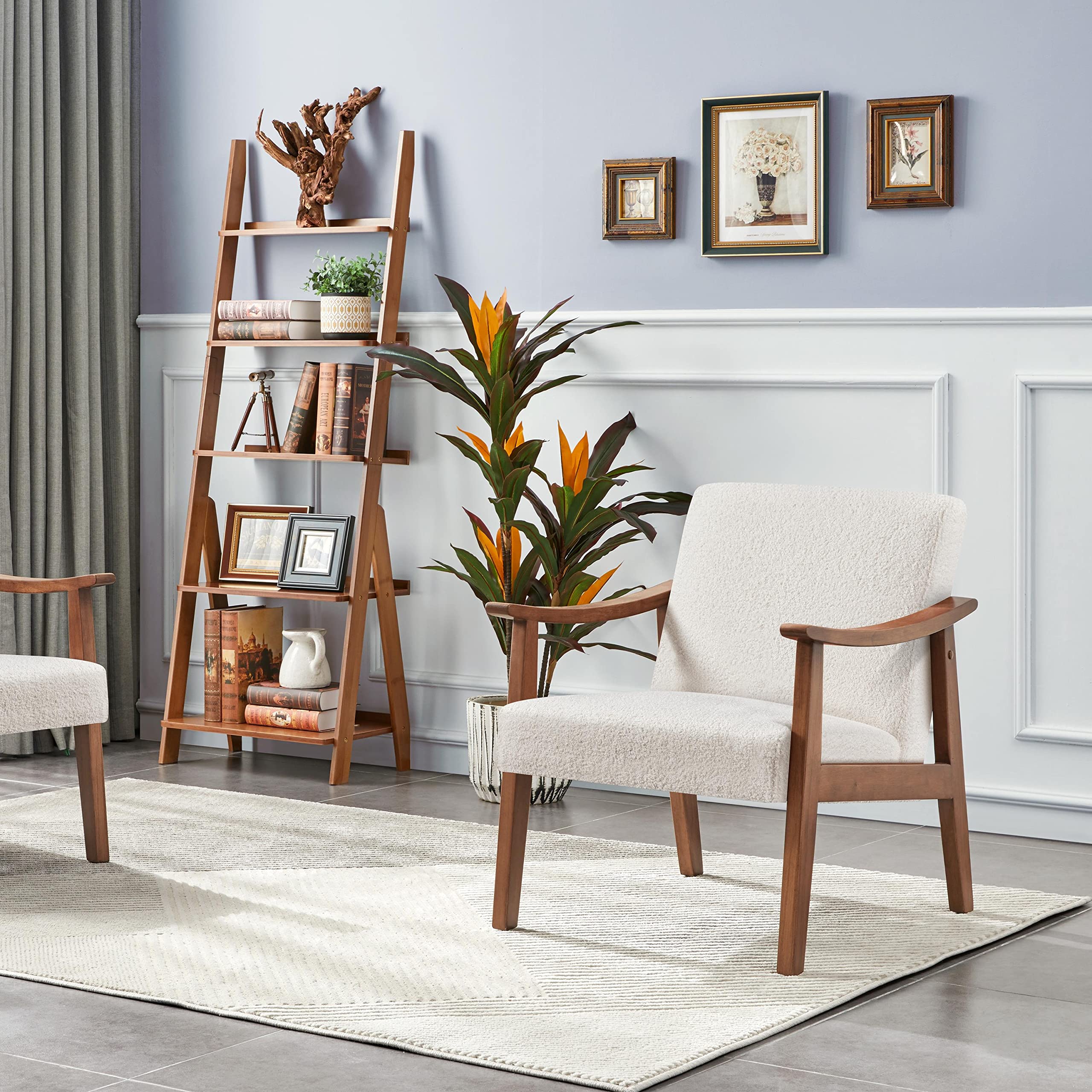 Fabric Accent Chair, Mid-Century Modern Armchair with Solid Wood Legs, Reading Leisure Chair with High Back for Living Room Bedroom Waiting Room,Ivory