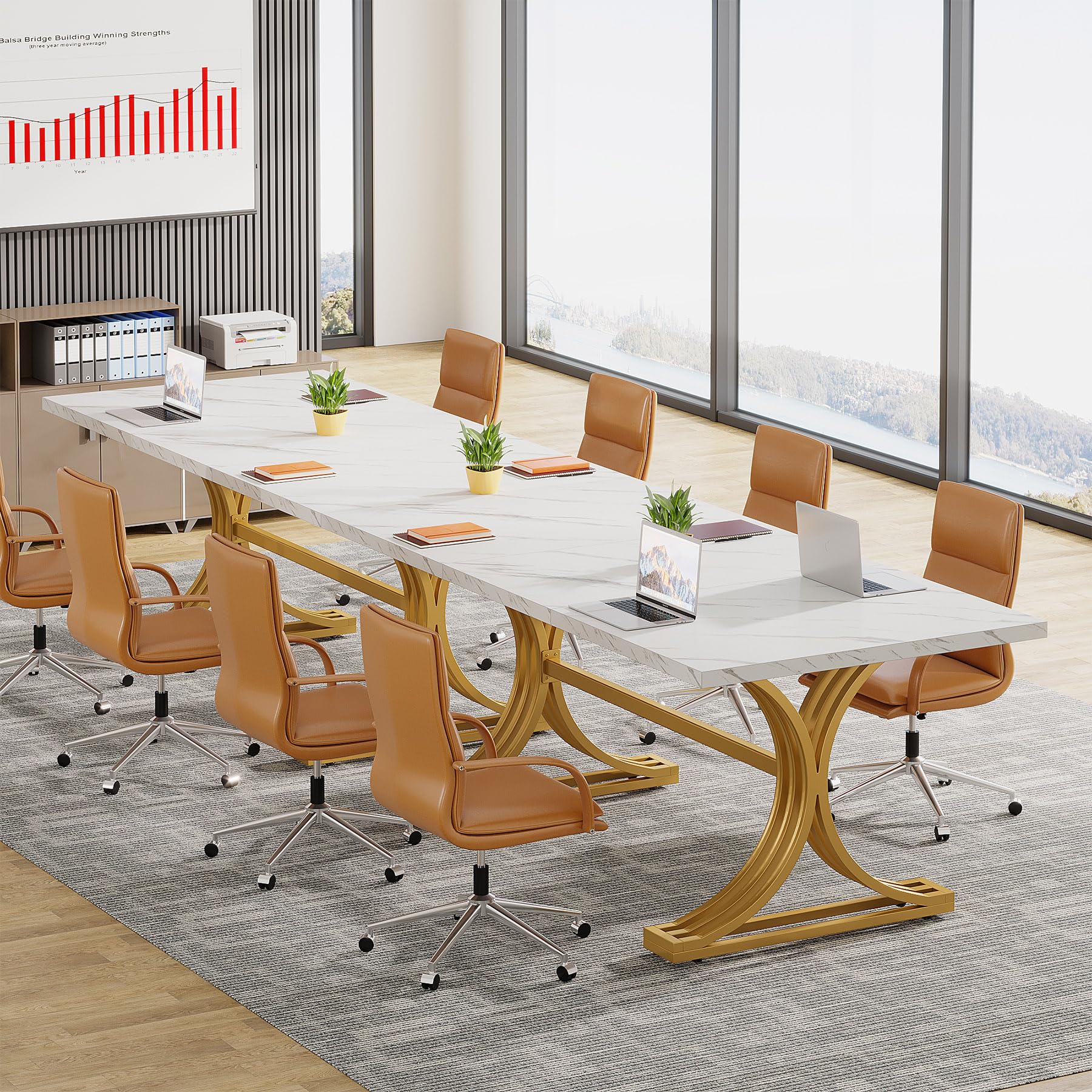 10.5FT Conference Table, Modern Meeting Table for 8-10 People, Rectangle Seminar Boardroom Table for Office Conference Room with Stylish Legs (2, White + Gold)
