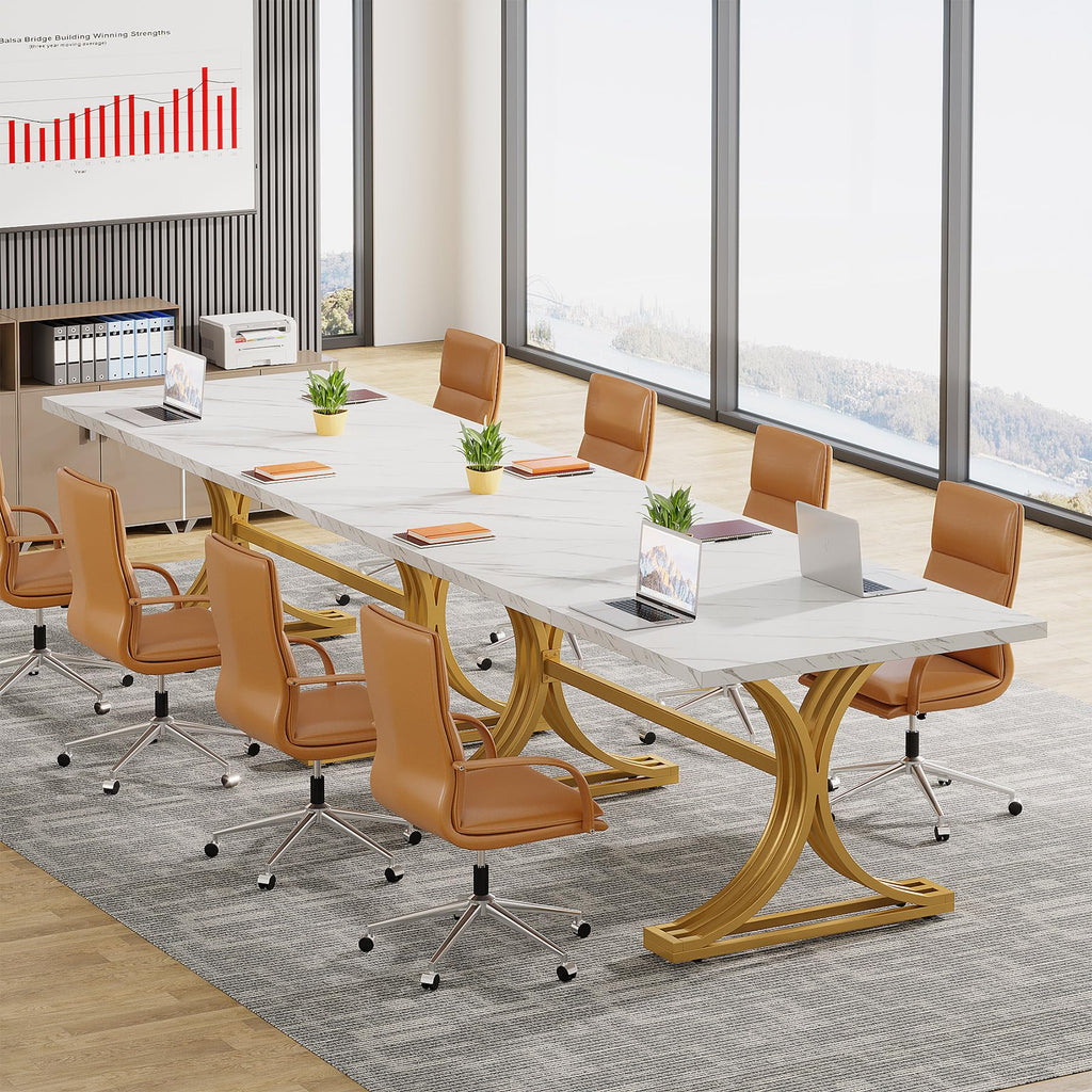 10.5FT Conference Table, Modern Meeting Table for 8-10 People, Rectangle Seminar Boardroom Table for Office Conference Room with Stylish Legs (6, White + Gold)