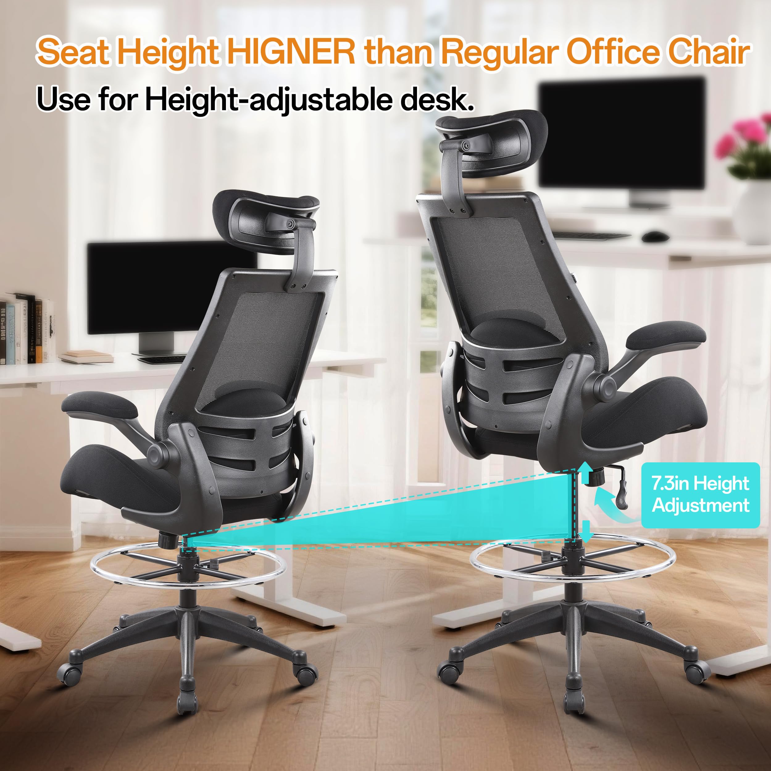 Drafting Tall Office Chair 400lbs High Back Wide Standing Desk Chair Comfortable with Flip up Armrests Lumbar Support Adjustable Big Footrest Ring(Black)