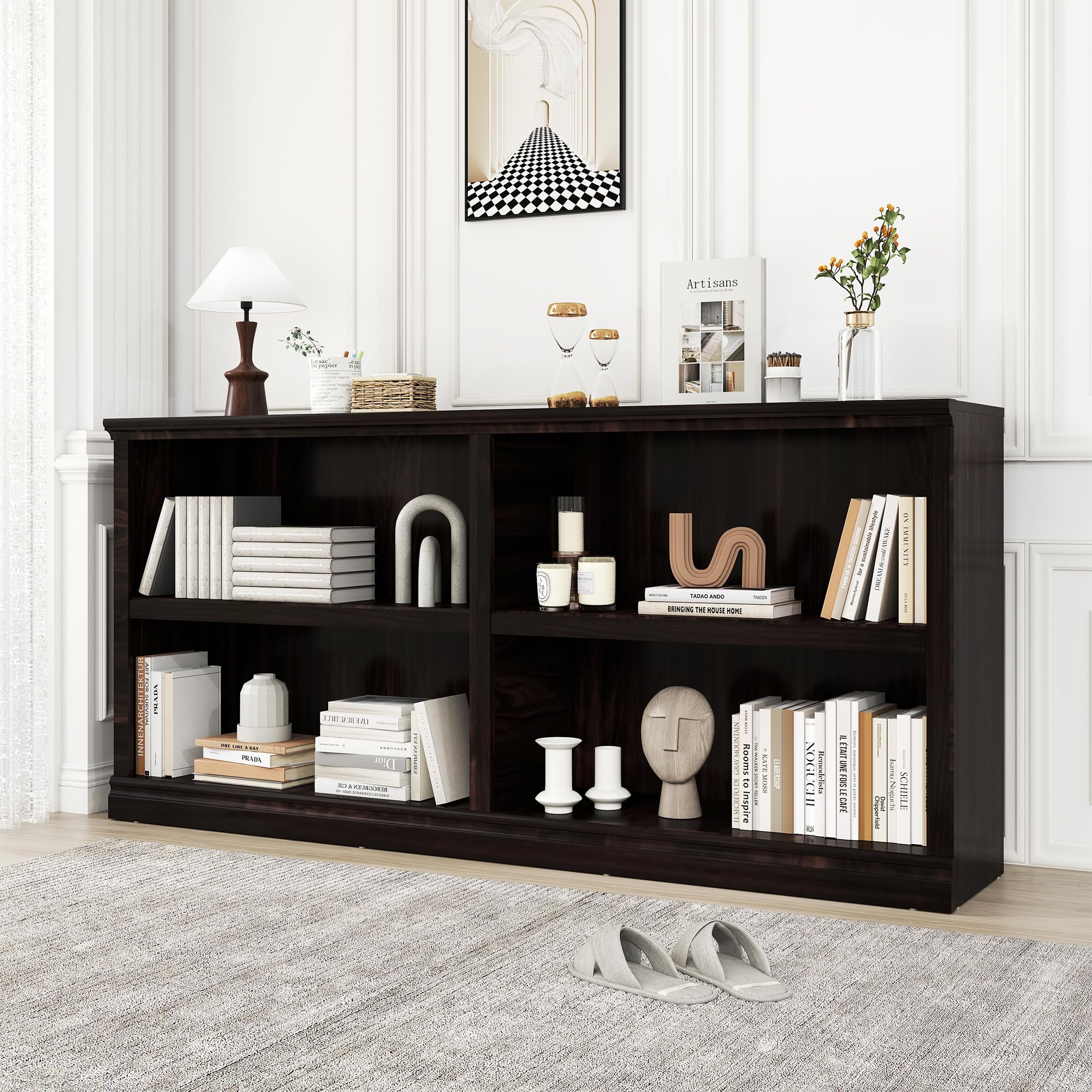 64" W Double Wide Horizontal Bookshelf, 2 Tiers 4 Storage Cube Book Case