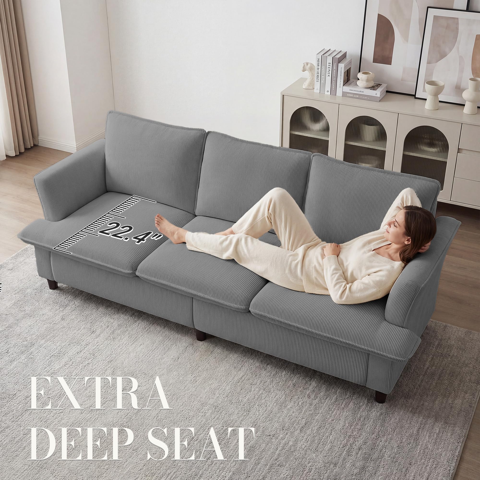 3 Seater Corduroy Couch, 89" Comfy Couch with Deep Seat, Modern Sofa Couch for  Office, Living Room, Bedroom, Apartment (Pillows not Included)