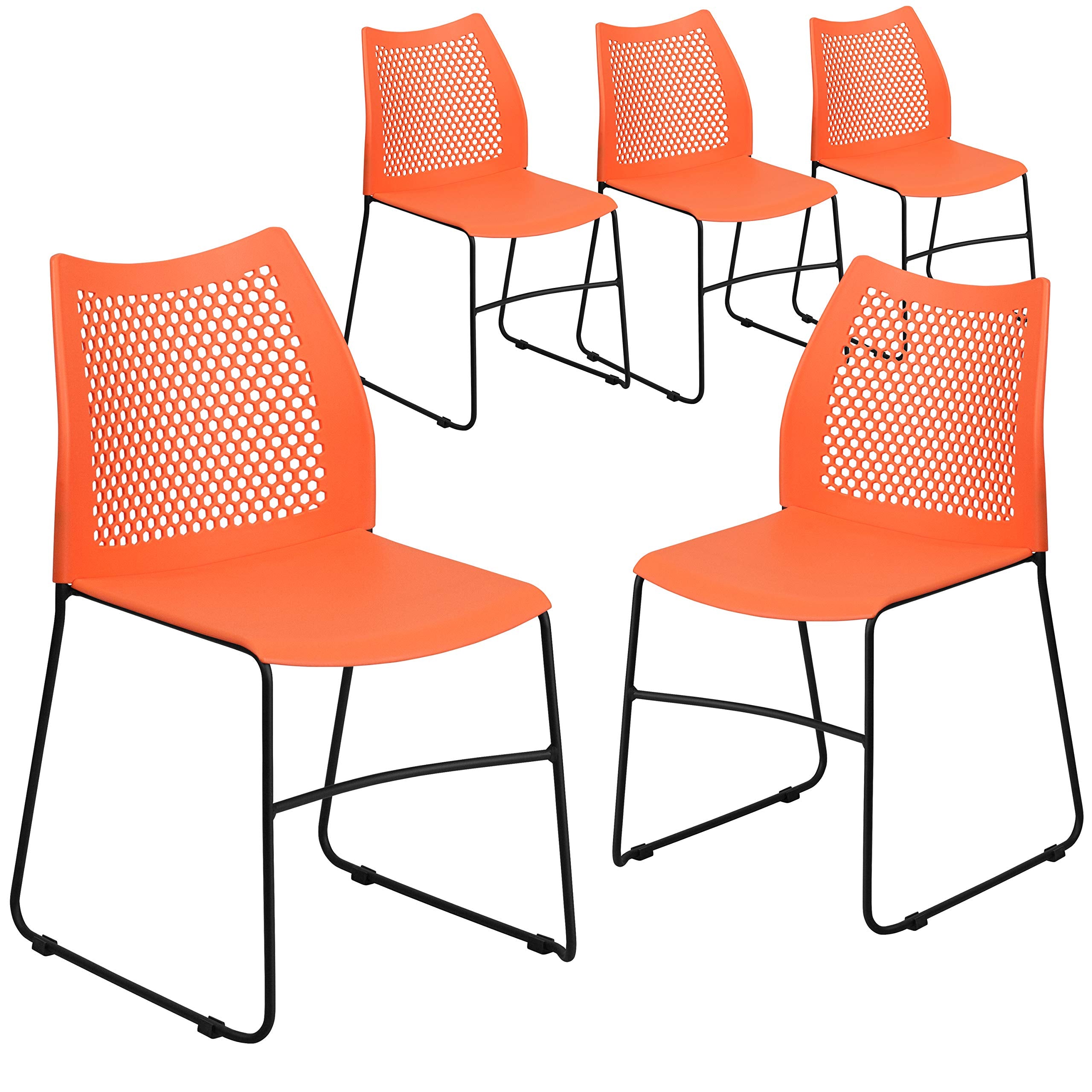(Set of 5)Hercules Series Contoured Lobby Chairs with Air-Vent Honeycomb Backs, Ergonomic Stacking Chairs for Offices, Orange